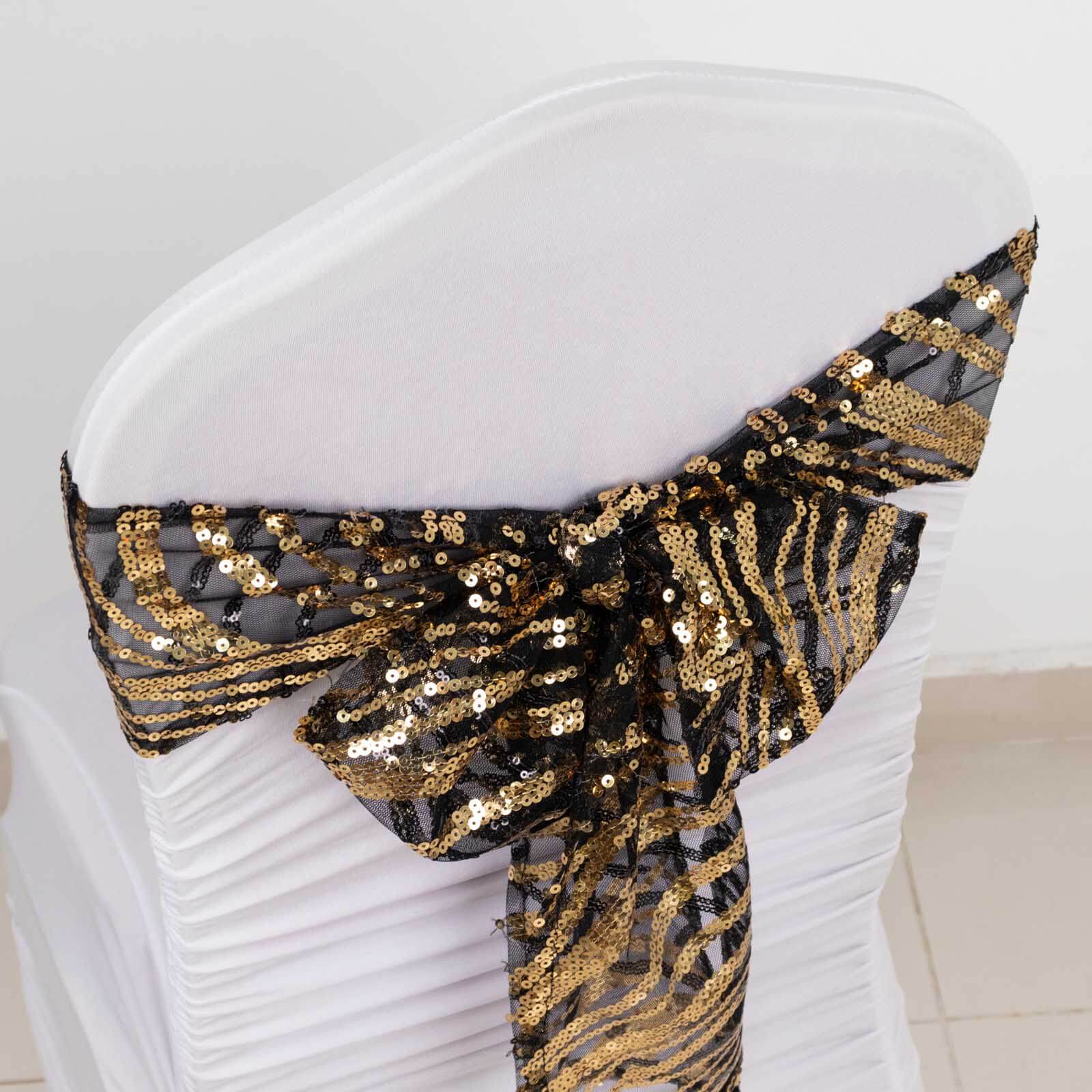 5 Pack Chair Sashes with Wave Embroidered Sequins Black/Gold 6x88 - Stylish Glittering Decor for Weddings