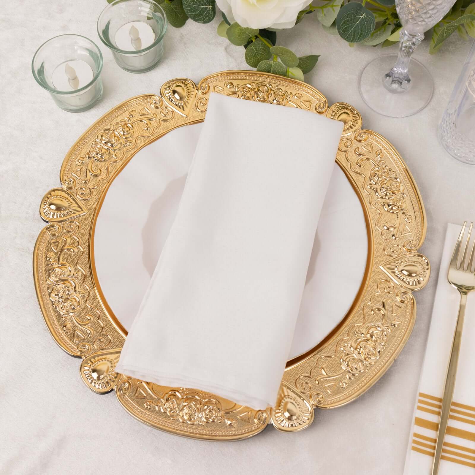 6-Pack Acrylic Round Charger Plates 13 in Gold Floral Embossed with Scalloped Rim, Plastic Decorative Charger Tableware