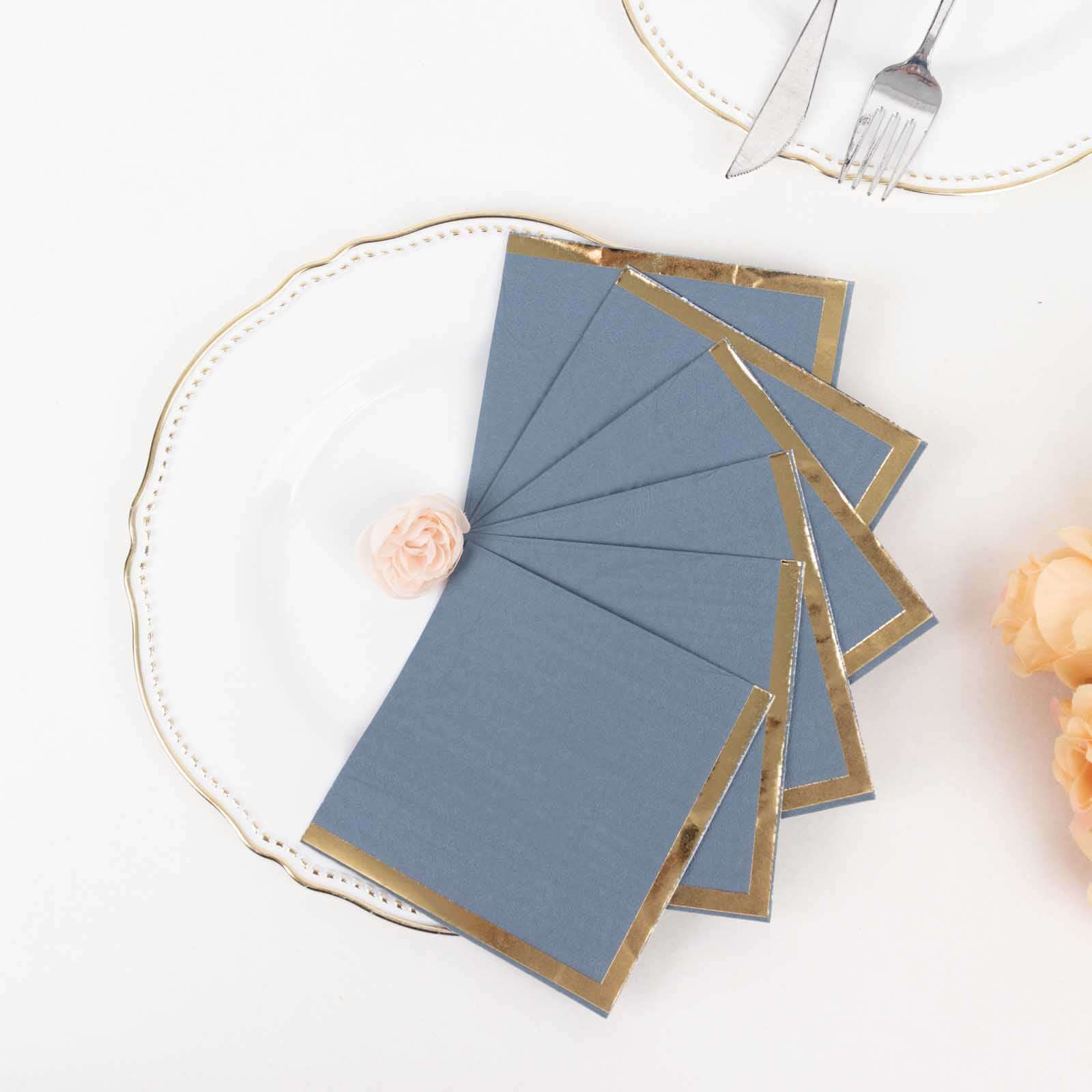 50-Pack Paper Beverage Napkins Dusty Blue with Gold Foil Edge - 2 Ply Disposable Soft 18GSM Cocktail Napkins 5x5
