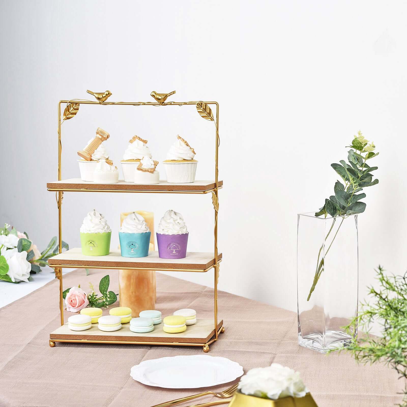 3-Tier Wooden Cheese Board Stand Rectangular Gold/Wood Slice Design - Rustic Cupcake Tower Centerpiece with Assembly Tools 19