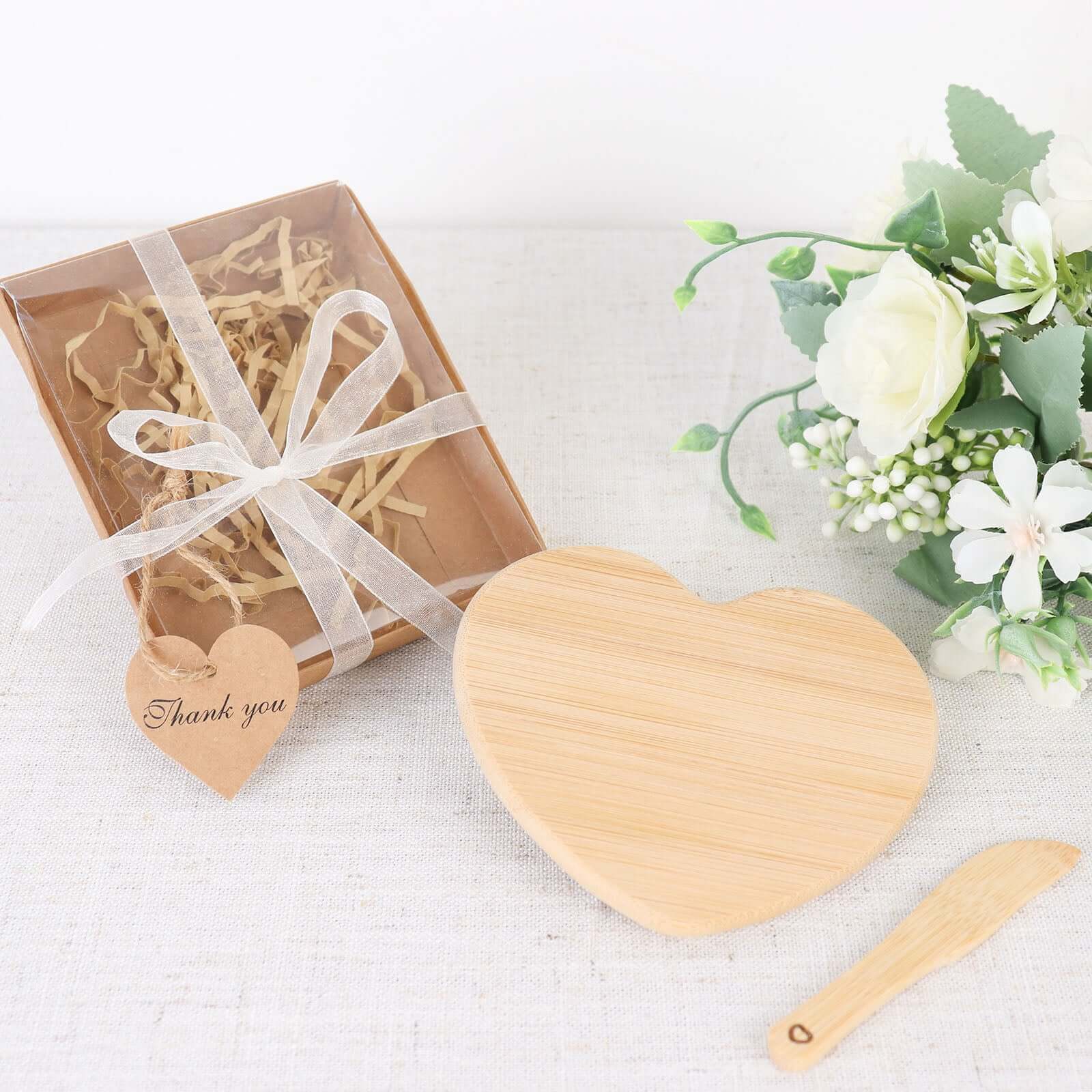 Heart Shaped Bamboo Brie Cheese Board and Knife Set Party Favor with Clear Gift Box, Ribbon & Thank You Tag