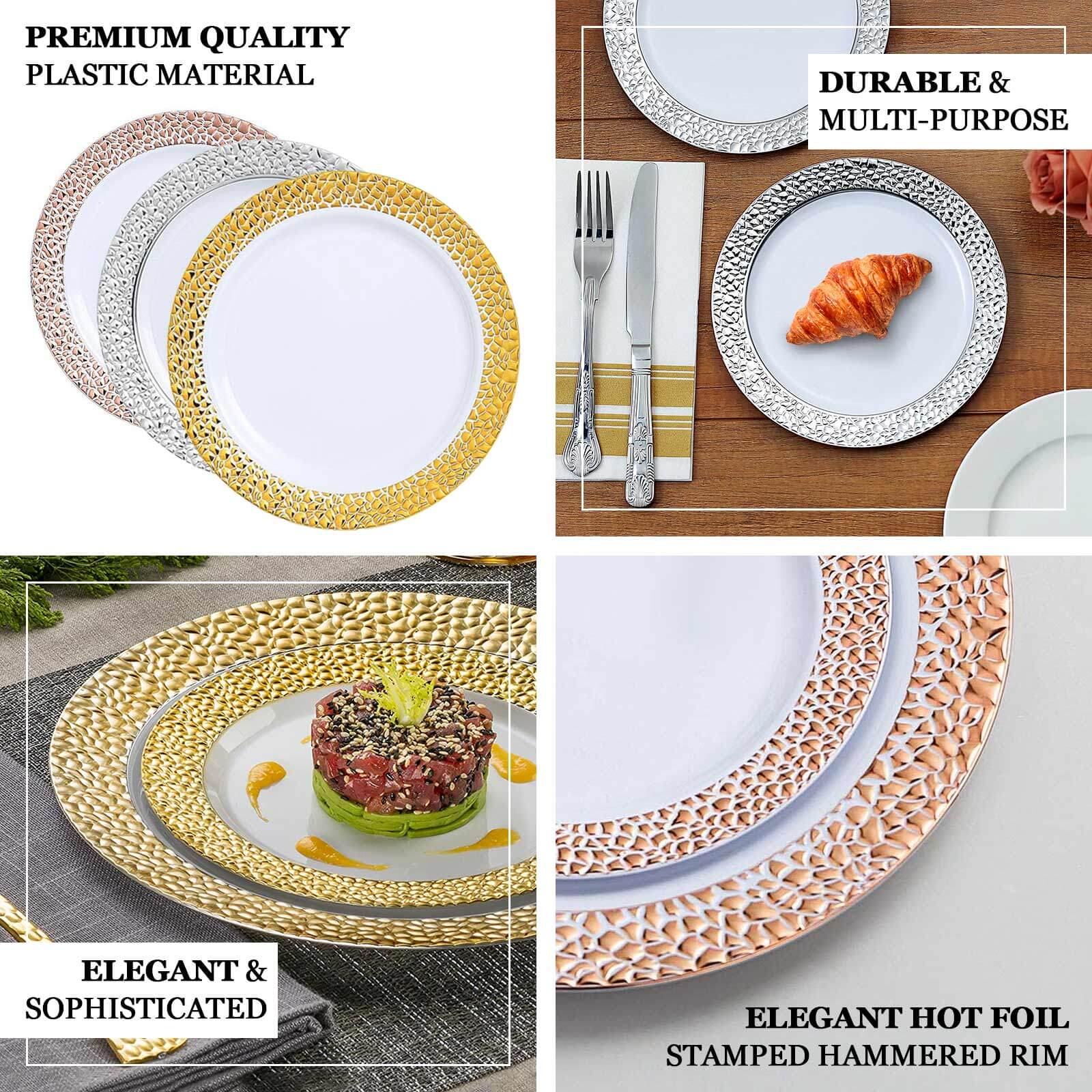 10-Pack Plastic 10 Round Dinner Plates in Blush Hammered Design with Gold Rim - Disposable Party Plates for Chic Banquets & Special Occasions