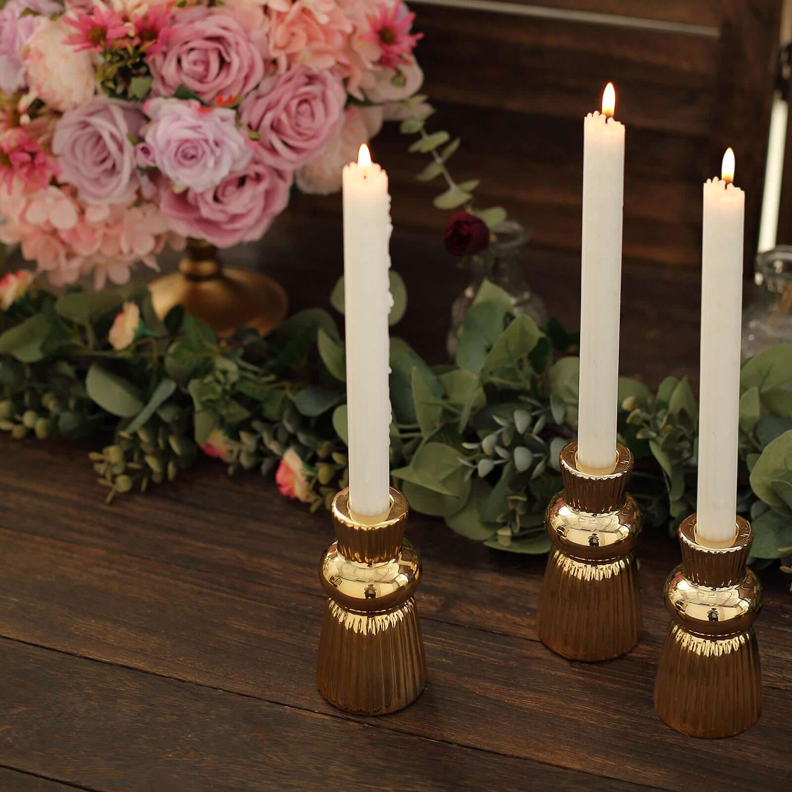 3-Pack Ceramic Taper Candle Holders Fluted Ball Neck Design Metallic Gold - Ribbed Candlestick Stands 5