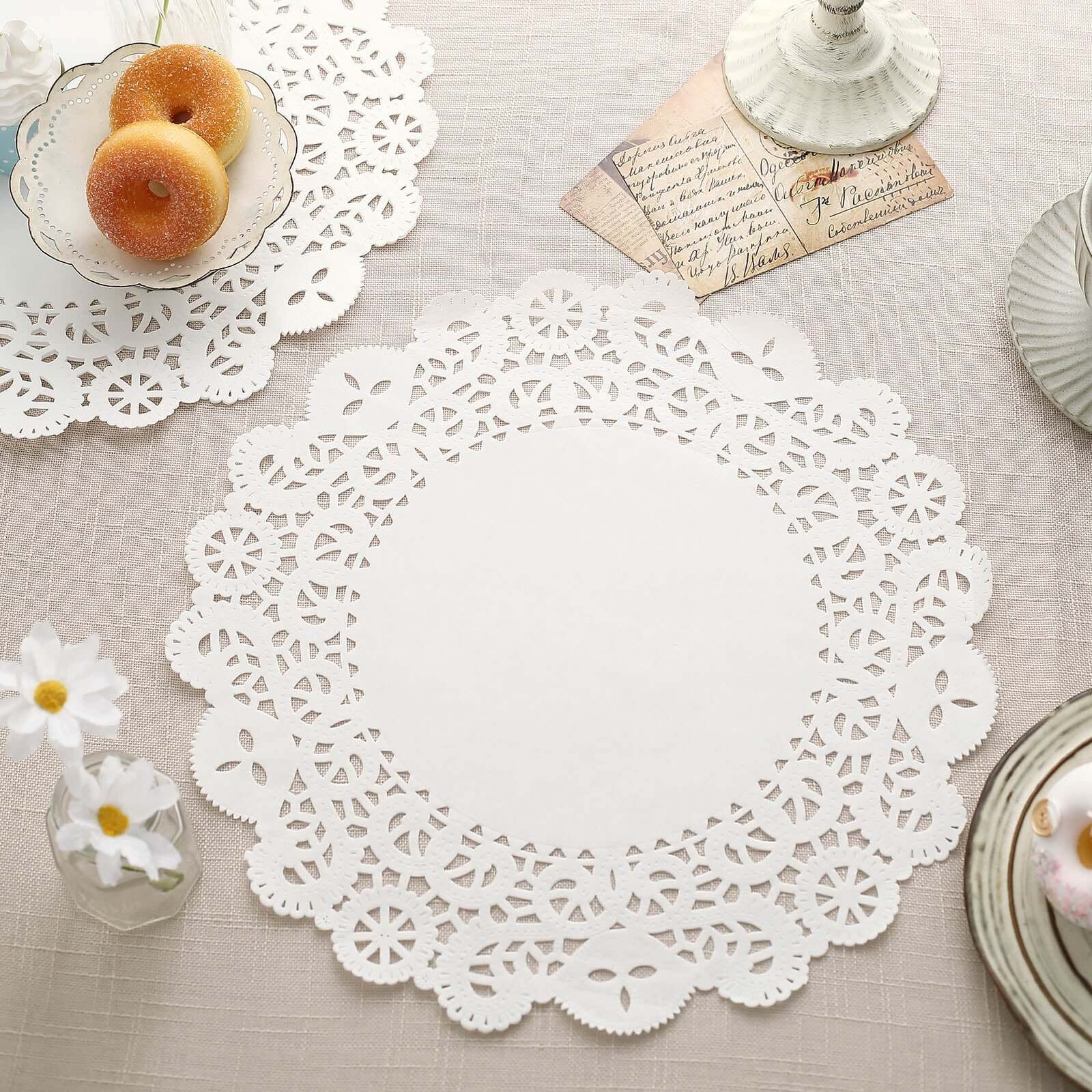 100 Pcs Paper 14 Round Placemats in White - Food Grade Lace Paper Doilies for Dessert Display & Table Decor