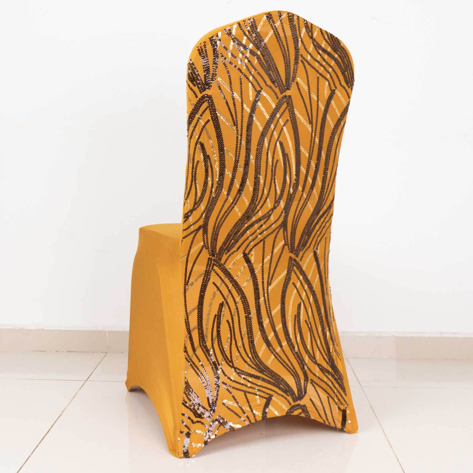 Spandex Chair Cover with Wave Embroidered Sequins for Banquet Chairs Gold/Black - Glittering Stretch Fitted Slipcover