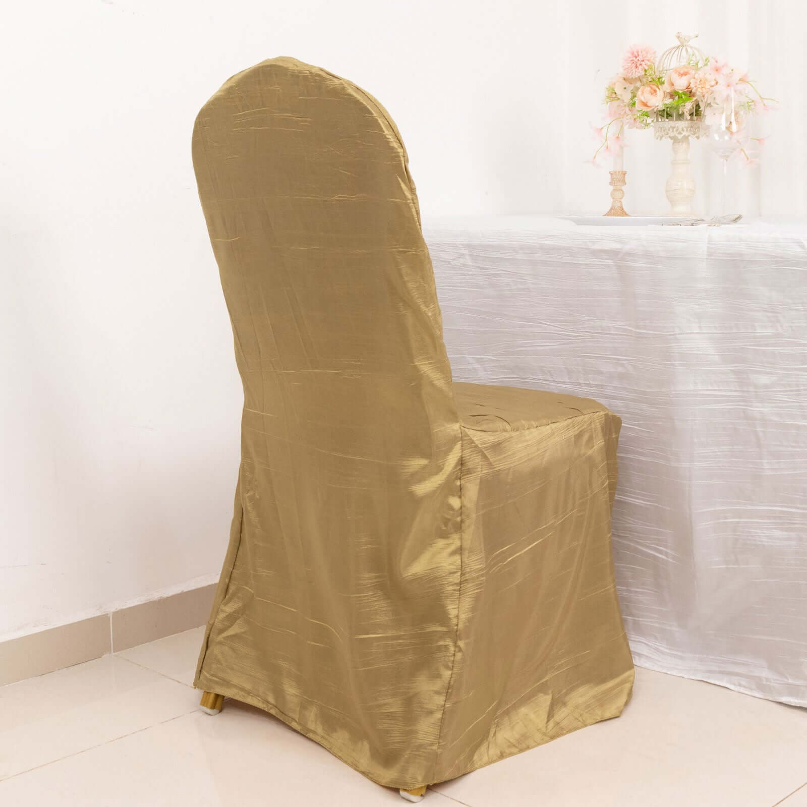 Crinkle Crushed Taffeta Chair Cover for Banquet Chairs Gold - Reusable Slipcover