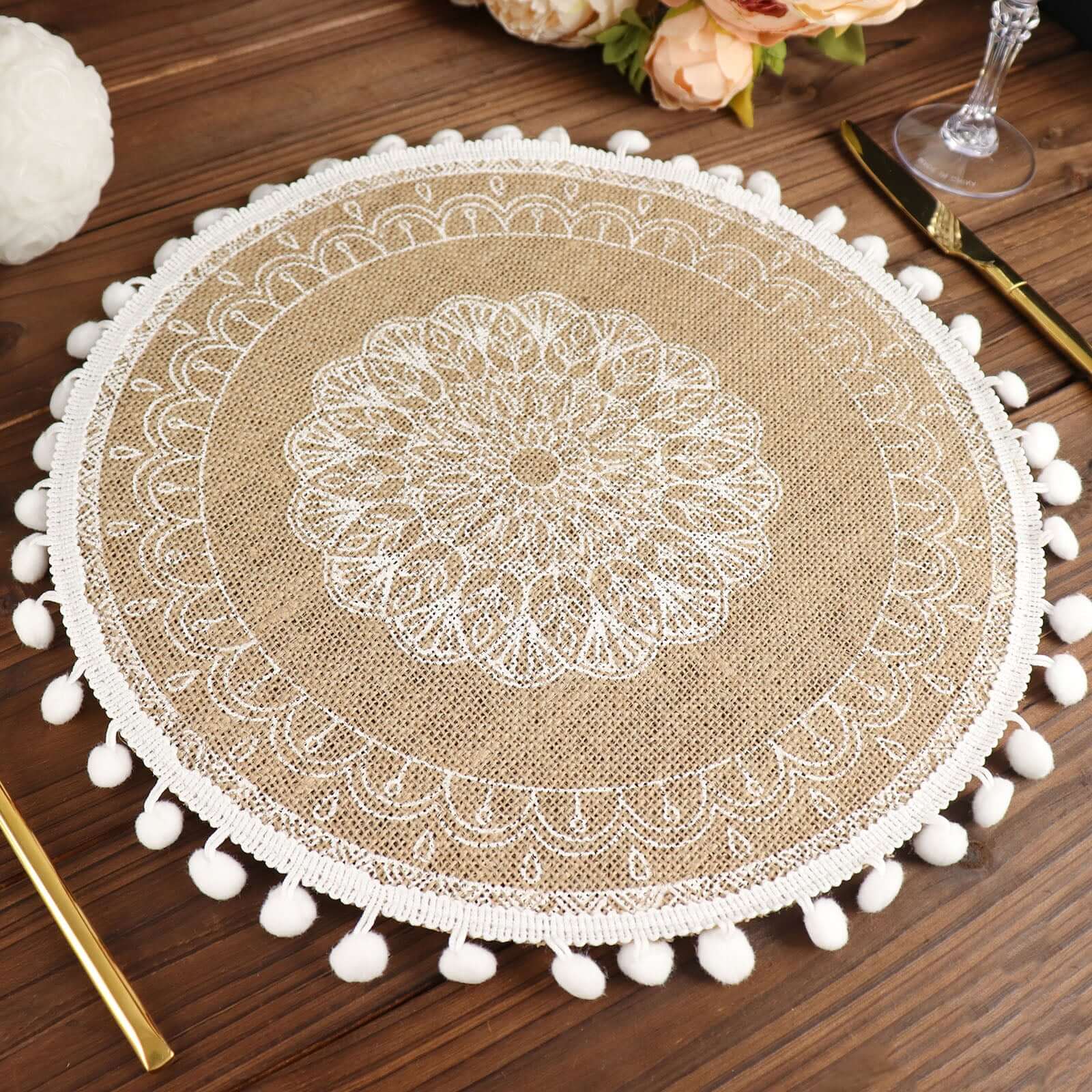 4-Pack Placemats Embroidery Mandala Print Design Natural Jute and White Round - Rustic Burlap Tassel Style with Beaded Trim 15