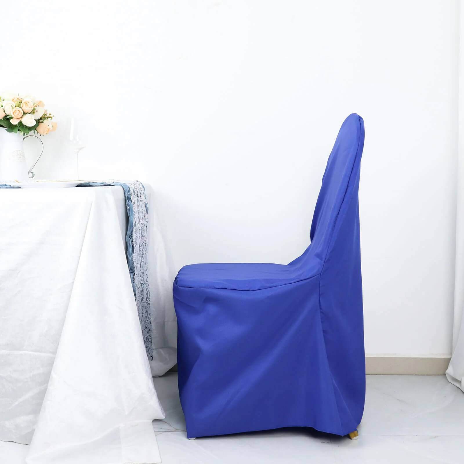 10 Pack Polyester Chair Cover for Banquet Chairs Royal Blue - Stain-Resistant Reusable Slip-On Slipcover