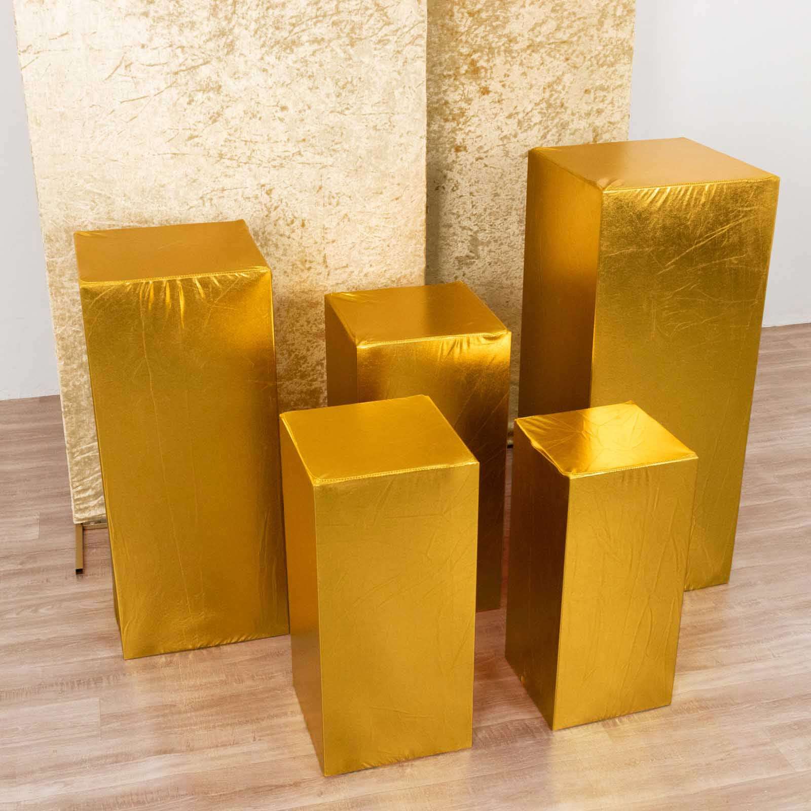 Set of 5 Metallic Gold Spandex Rectangle Pedestal Stand Covers, Stretchable Pillar Prop Covers - 160 GSM