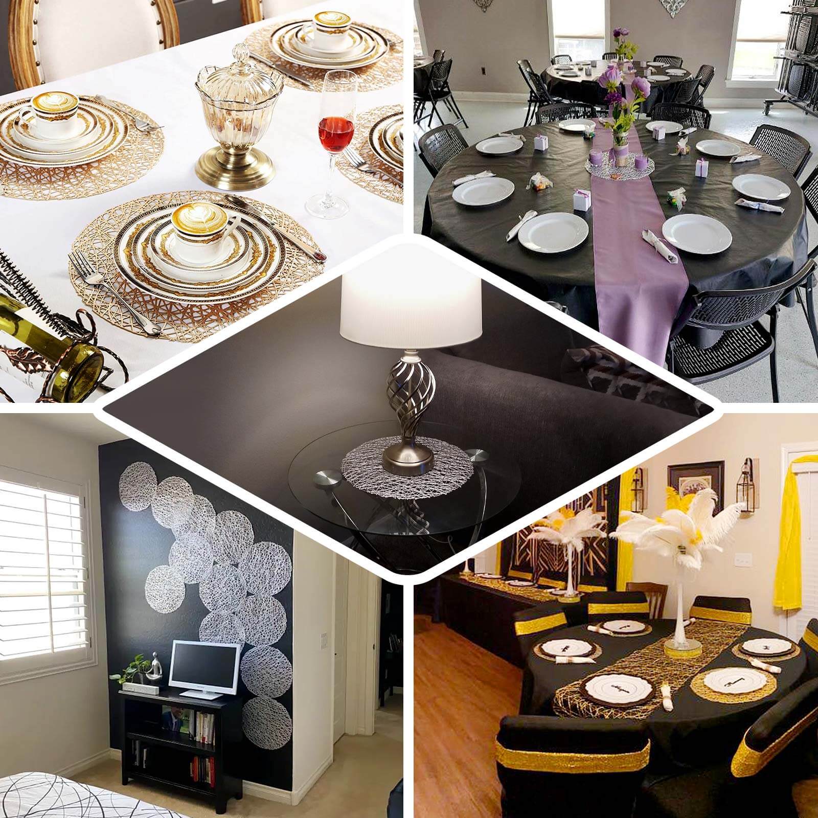 6-Pack Vinyl Placemats Gold Woven Design - Durable Non-Slip Round Table Mats for Dining 15