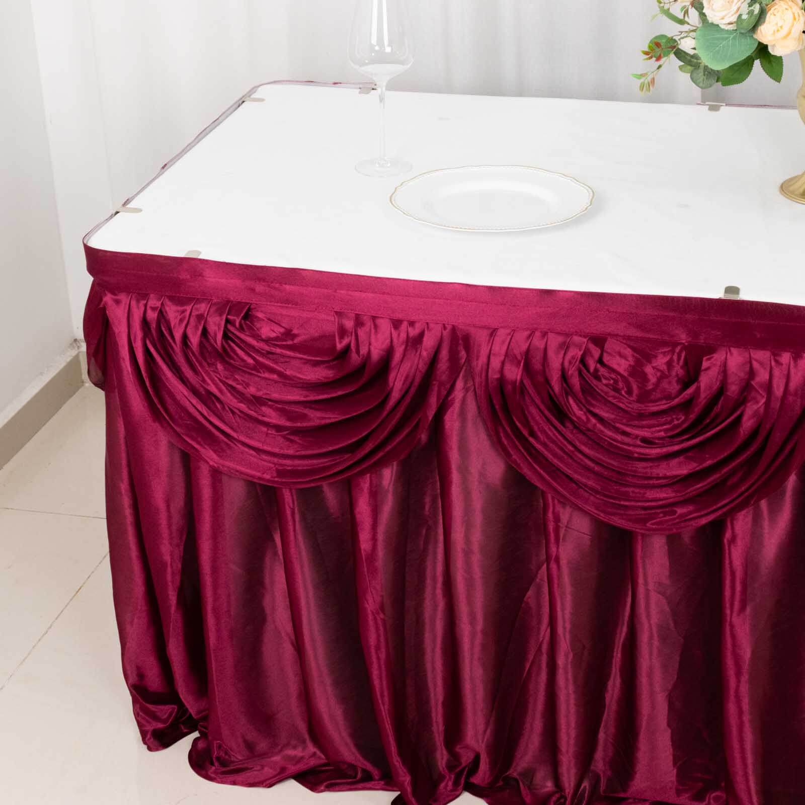 Satin 14ft Table Skirt Burgundy - Pleated Double Drape Table Cover