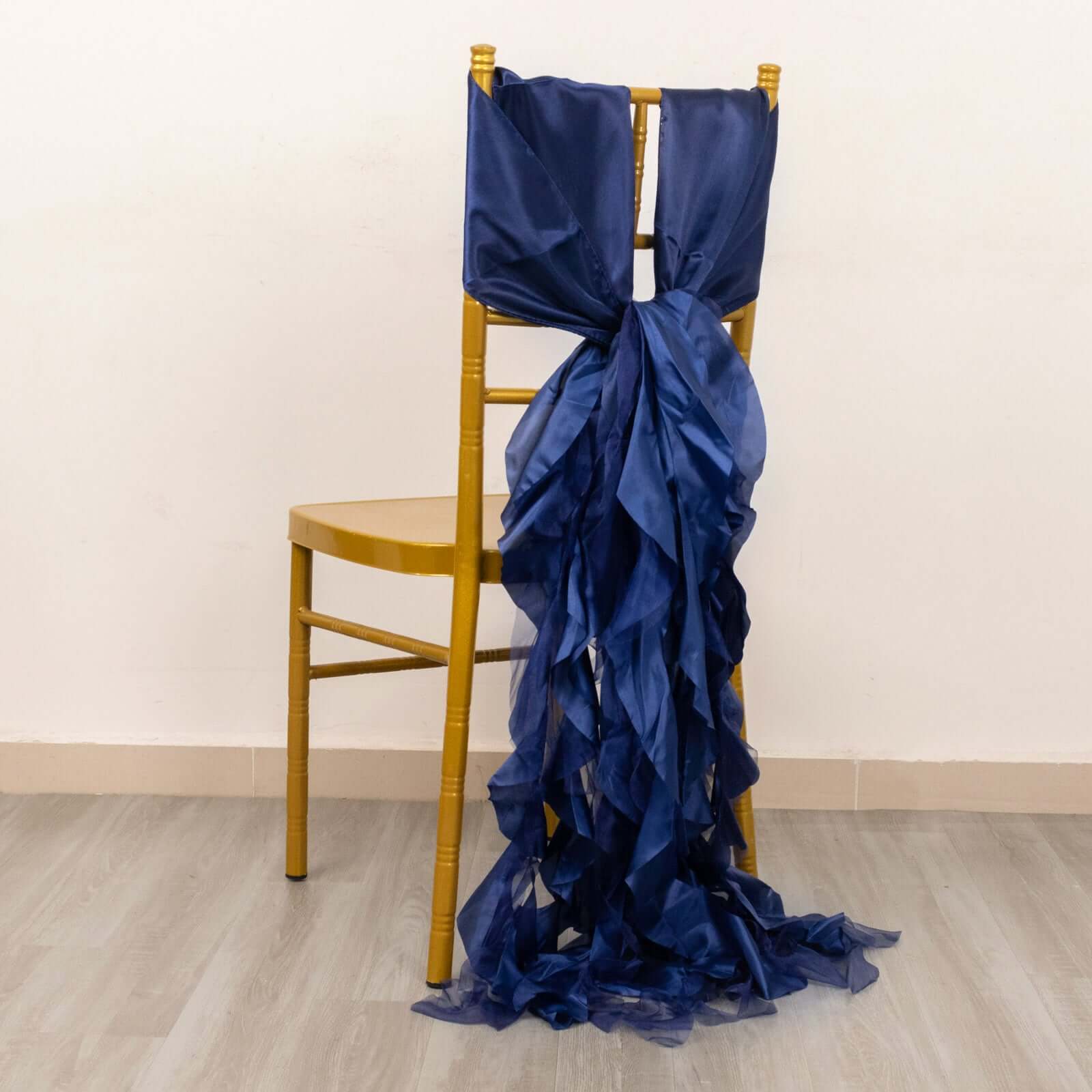 5 Pack Chiffon Satin Chair Sashes Navy Blue - Easy to Install Ruffled Curly Willow