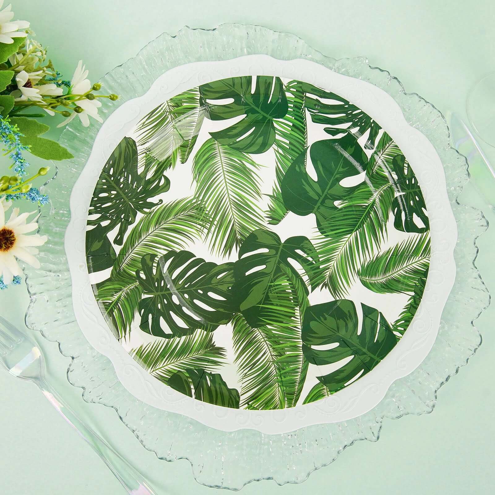 25-Pack Paper 7 Round Dessert Plates in White with Tropical Palm Leaf Design - Disposable 300GSM Appetizer Salad Plates for Boho Chic & Jungle Themed Events