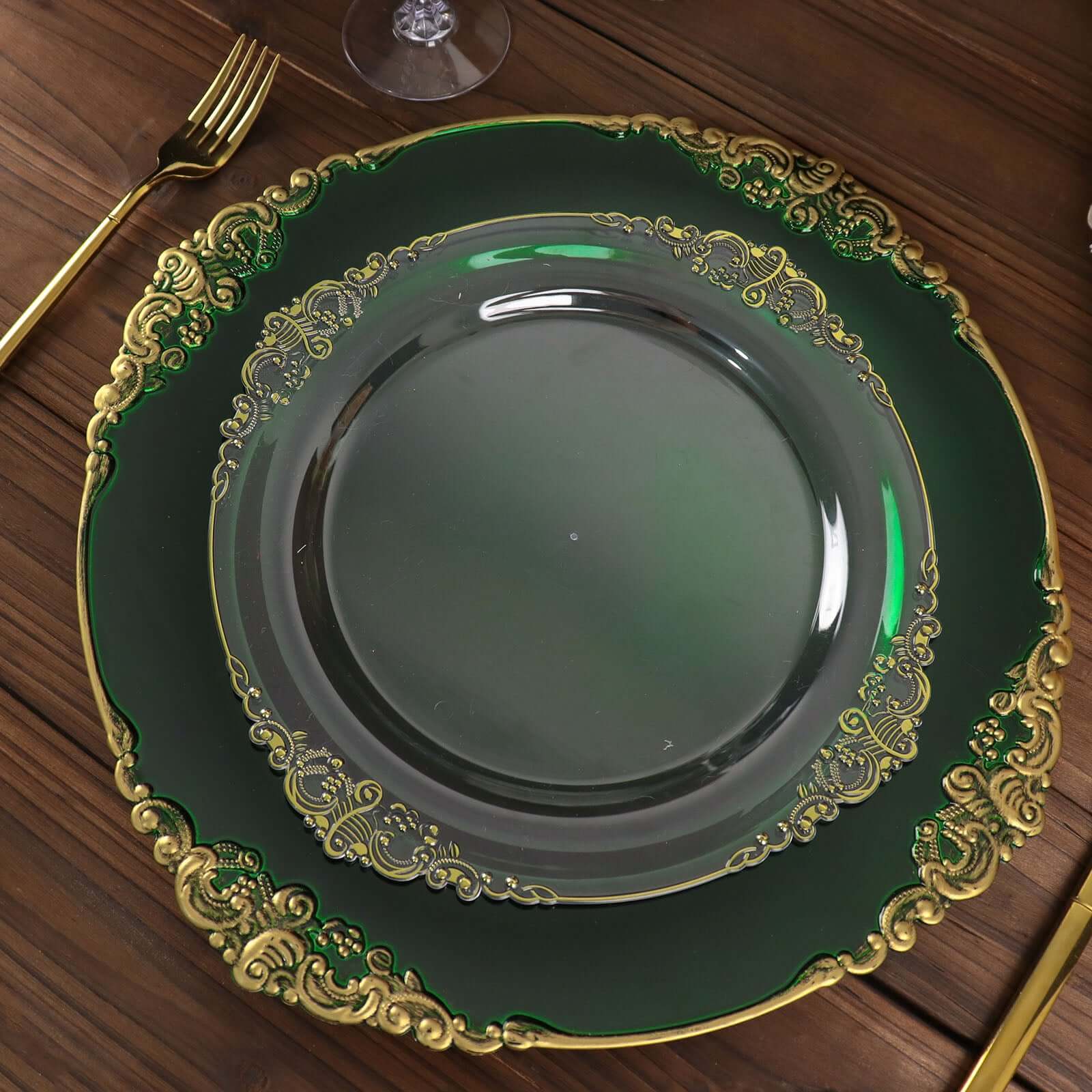 6-Pack Acrylic Round Charger Plates 13 in Hunter Emerald Green with Gold Embossed Baroque Rim, Antique Decorative Dinner Party Charger Tableware