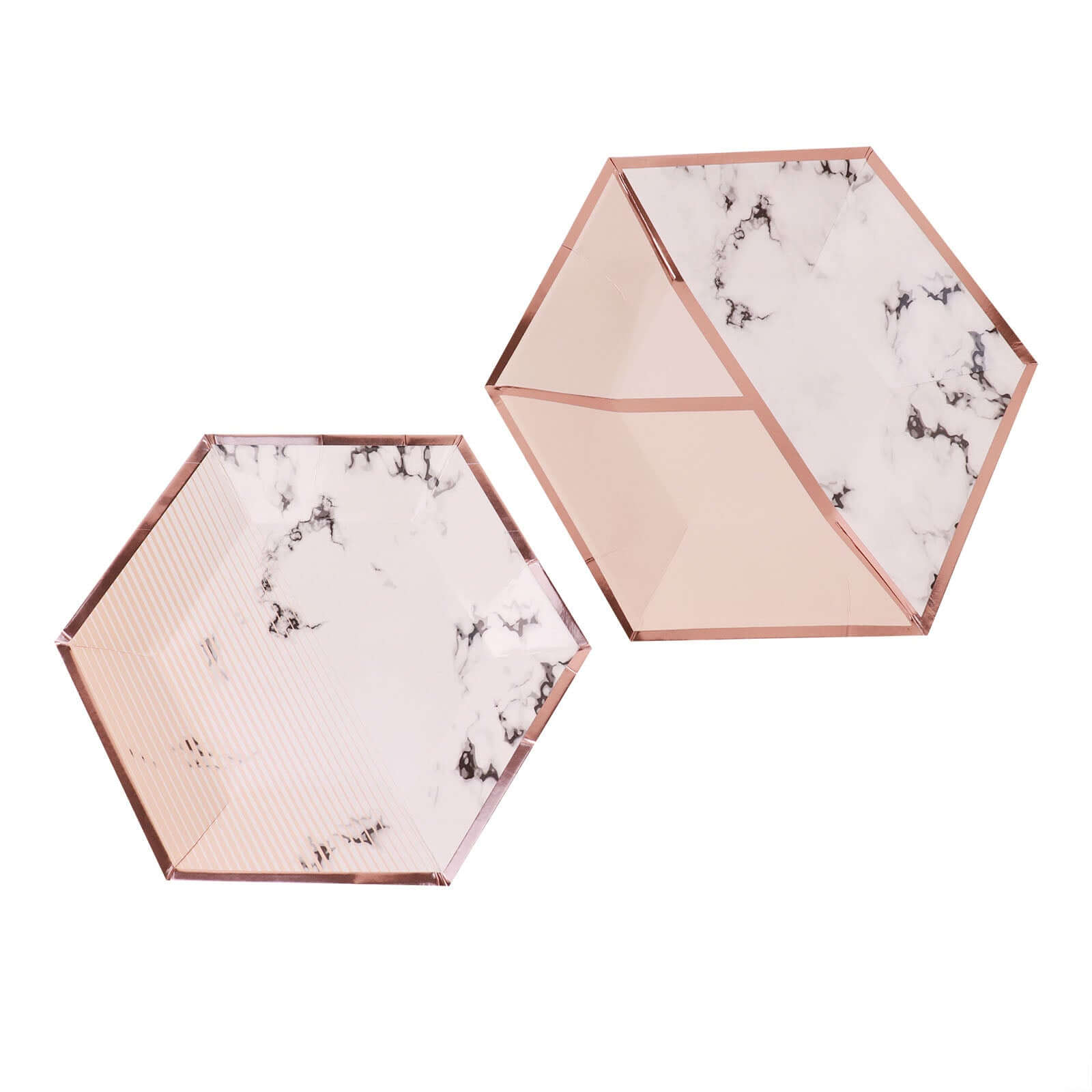 50-Pack Paper Hexagon Dinner and Dessert Plates in Blush with Marble Design & Rose Gold Foil Rim - Chic Disposable Geometric Party Plates Set for 25 Guests 8, 10