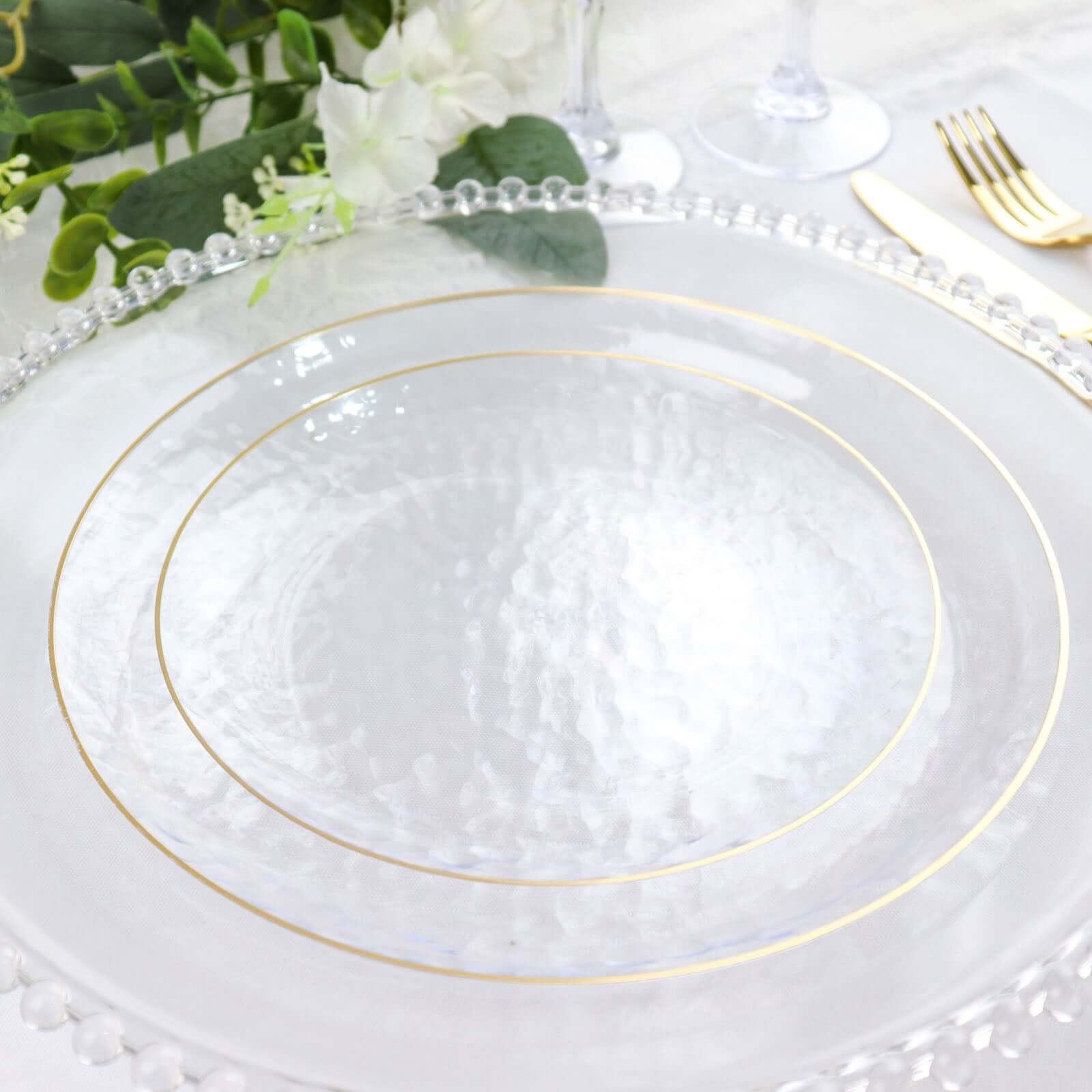 10-Pack Plastic 7 Round Dessert Appetizer Plates in Clear Hammered Design with Gold Rim - Modern Disposable Salad Plates