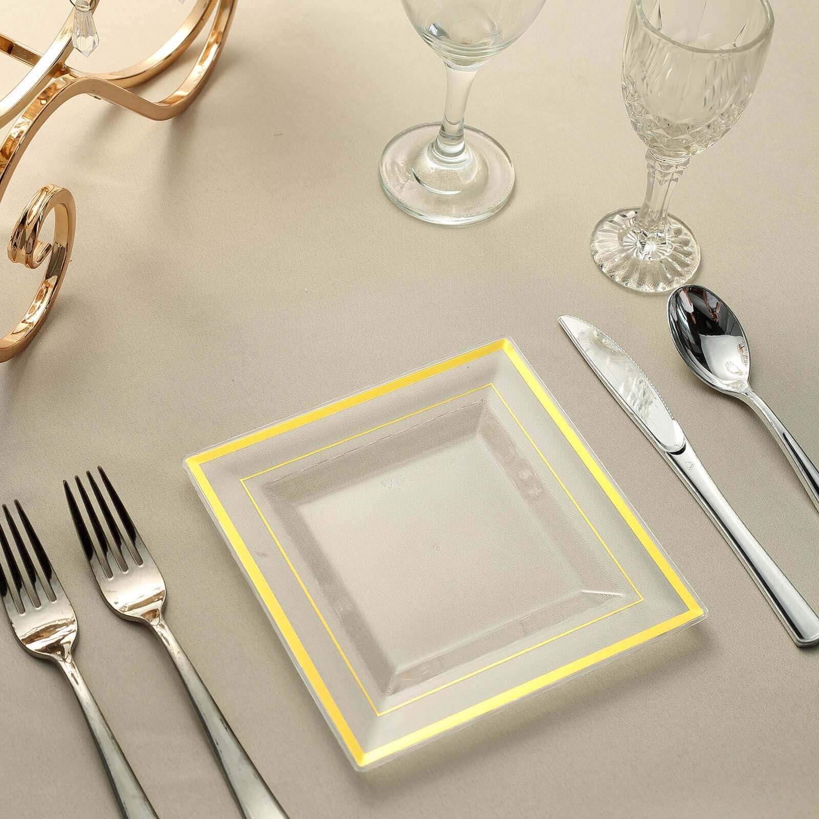 10-Pack Plastic Salad Dessert Plates Clear Square with Gold Trim - Durable Disposable Appetizer Plates 7