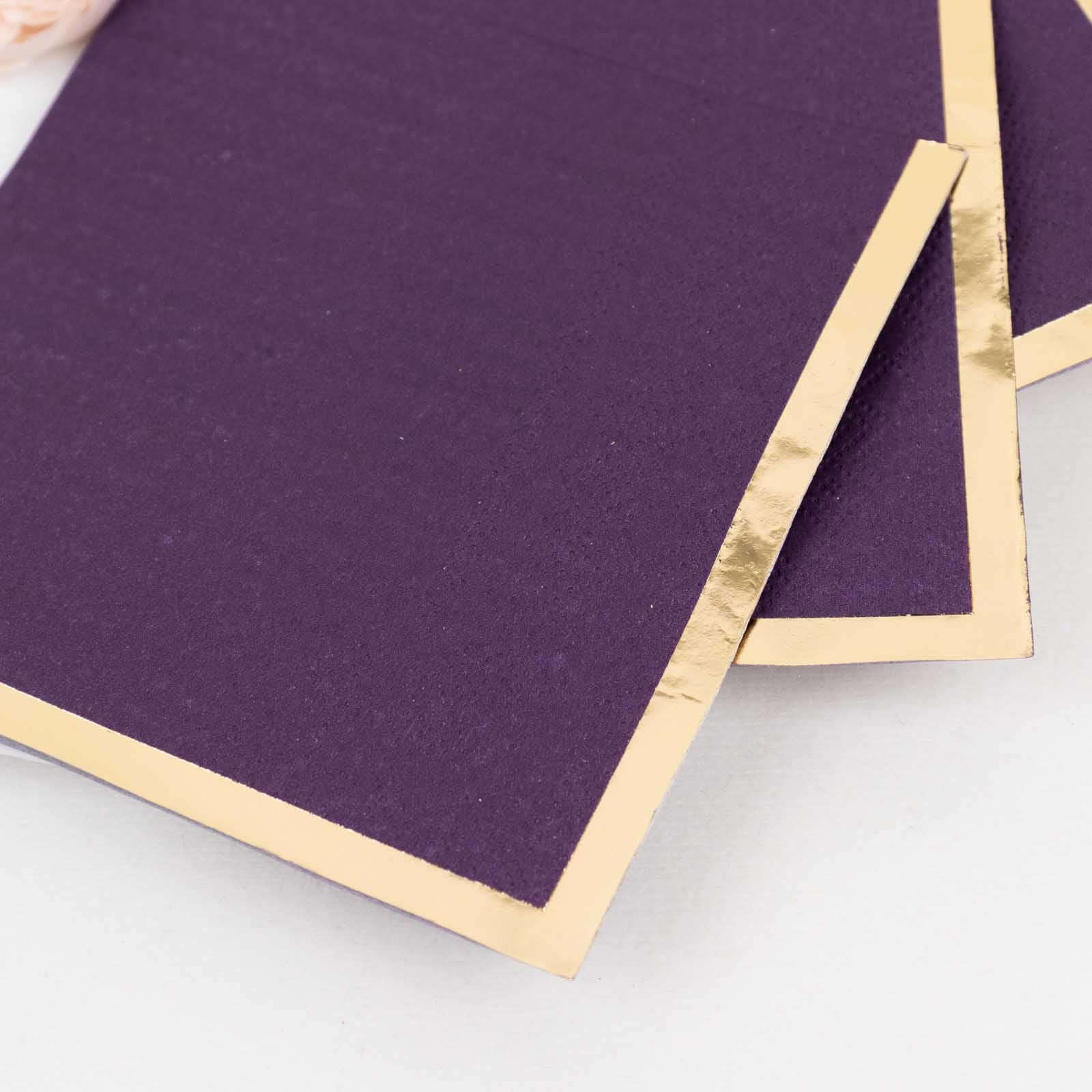 50-Pack Paper Beverage Napkins Purple with Gold Foil Edge - 2 Ply Disposable Soft 18GSM Cocktail Napkins 5x5