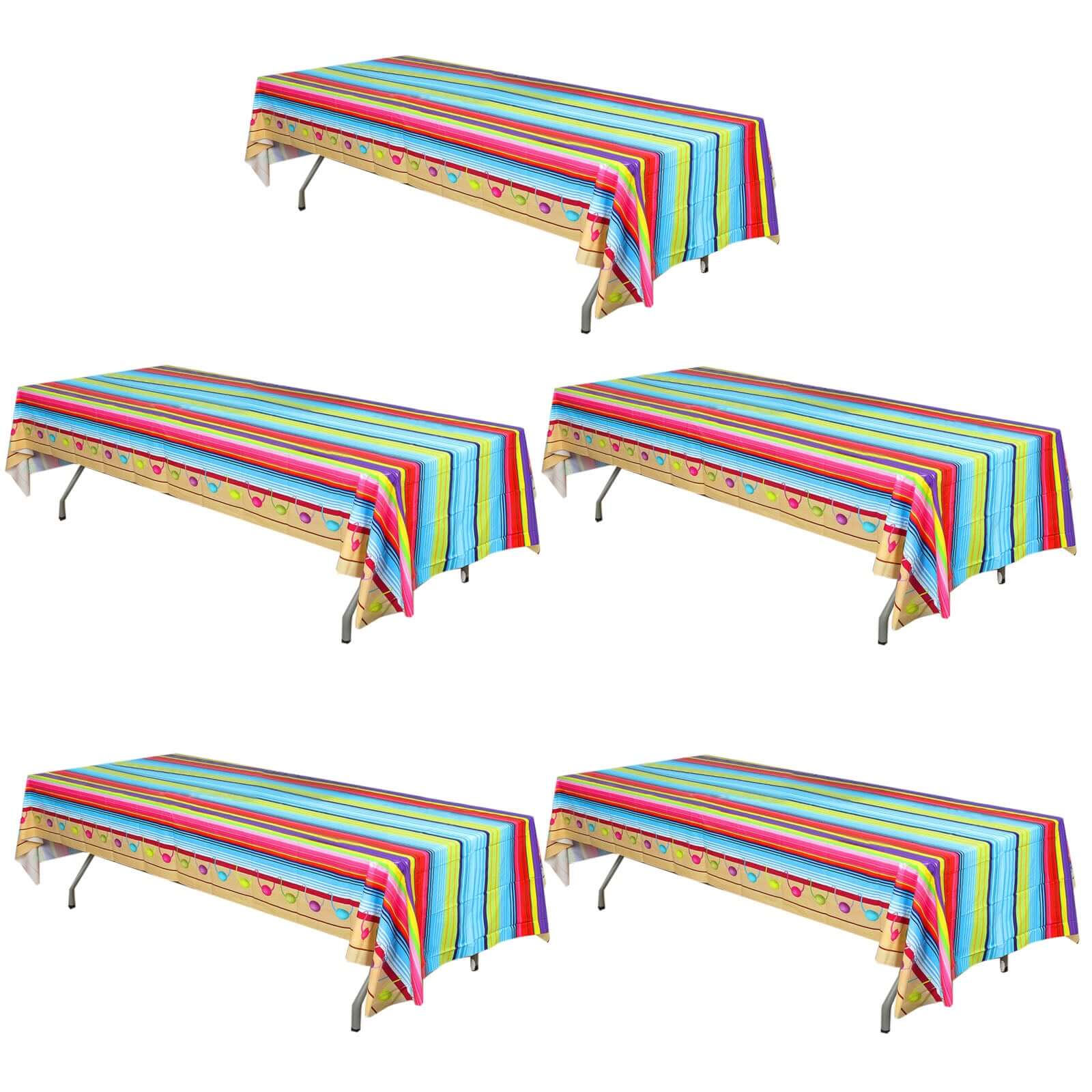 5-Pack Plastic Table Covers Mexican Serape Rectangle - Vibrant PVC Disposable Tablecloths for Cinco De Mayo 54x108