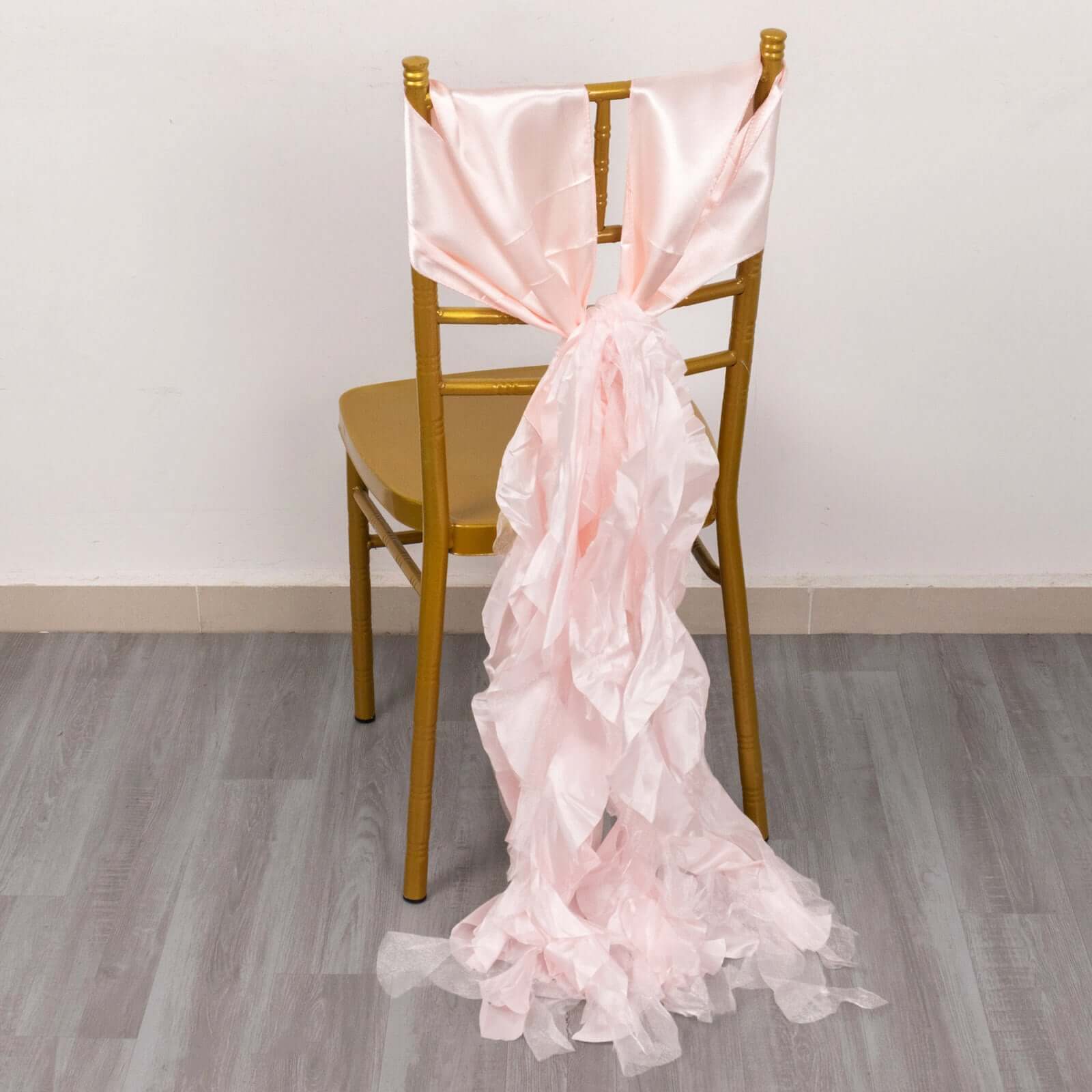 5 Pack Chiffon Satin Chair Sashes Blush - Easy to Install Ruffled Curly Willow