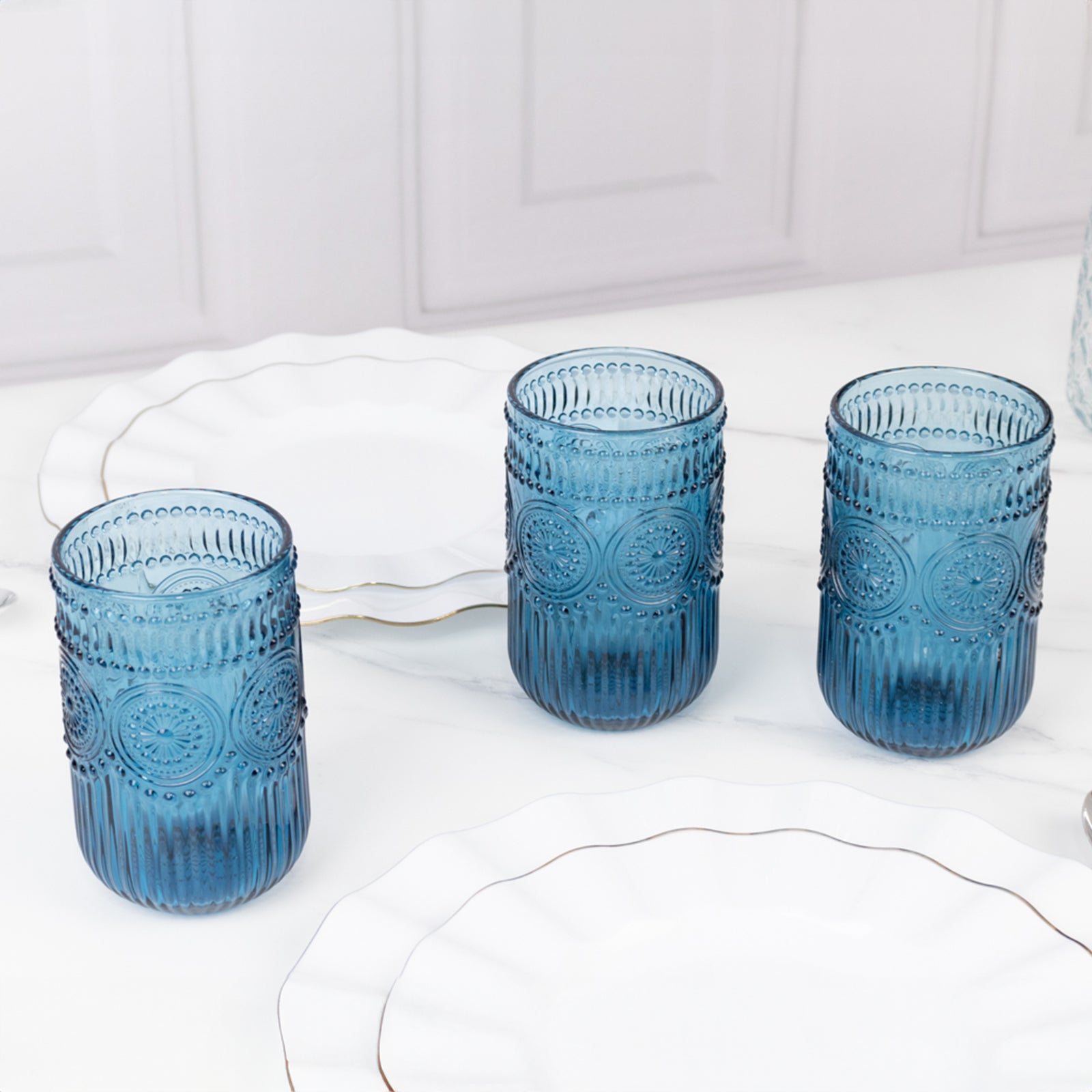 6-Pack Glass Tumblers Ocean Blue Vintage Embossed Design with Textured Floral Pattern - Highball Glasses for Drinks & Parties 14oz