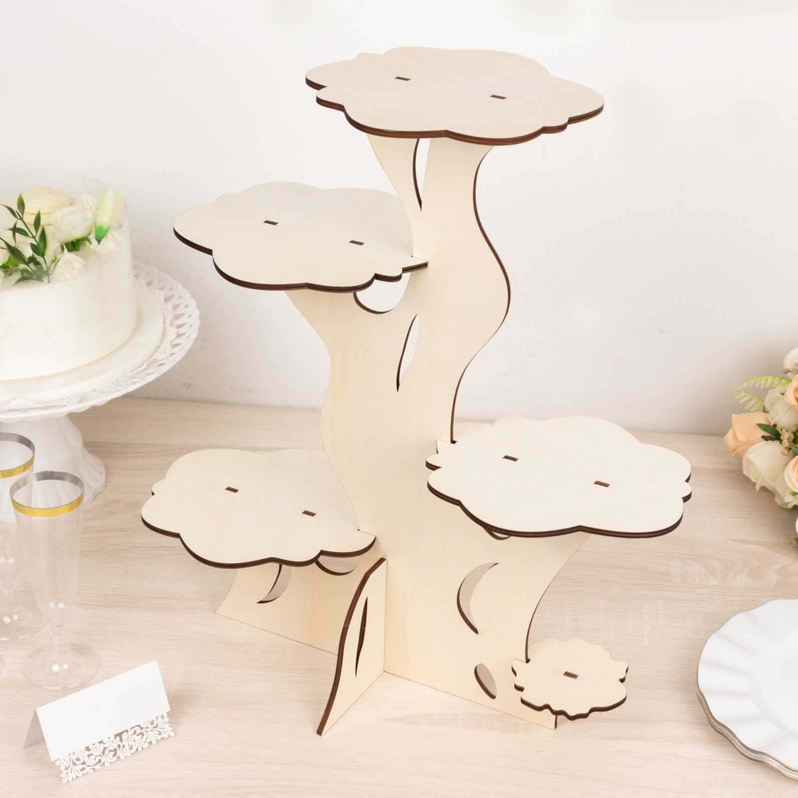 5-Tier Wooden Cake Stand Natural Tree Tower Design with Laser Cut Details - Rustic Cupcake Dessert Display 19 Tall