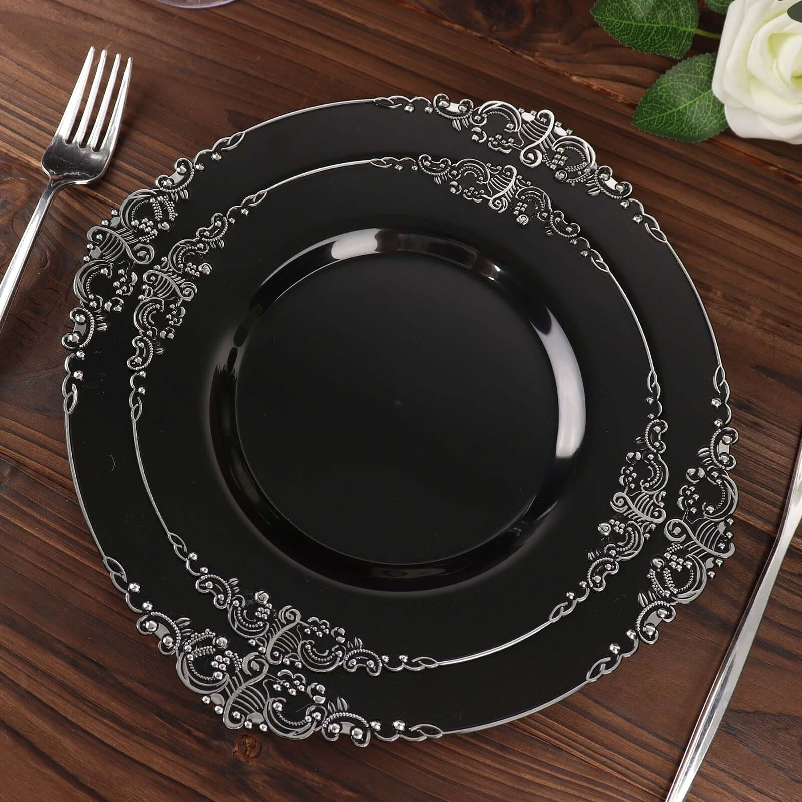 10-Pack Plastic 8 Round Dessert Plates in Black with Silver Leaf Embossed Rim - Disposable Vintage Baroque Style Salad Plates