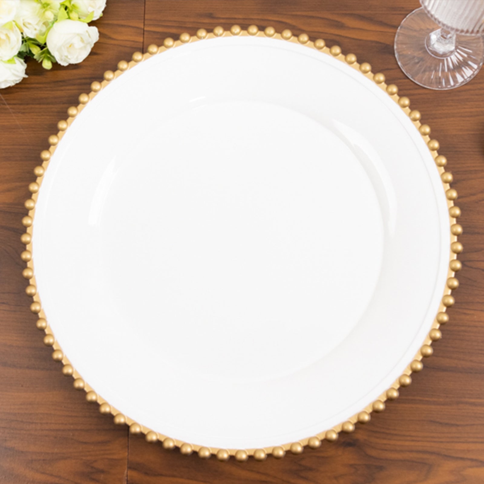 6-Pack Acrylic Round Charger Plates 13 in White with Gold Beaded Rim, Decorative Dinner Party Charger Tableware