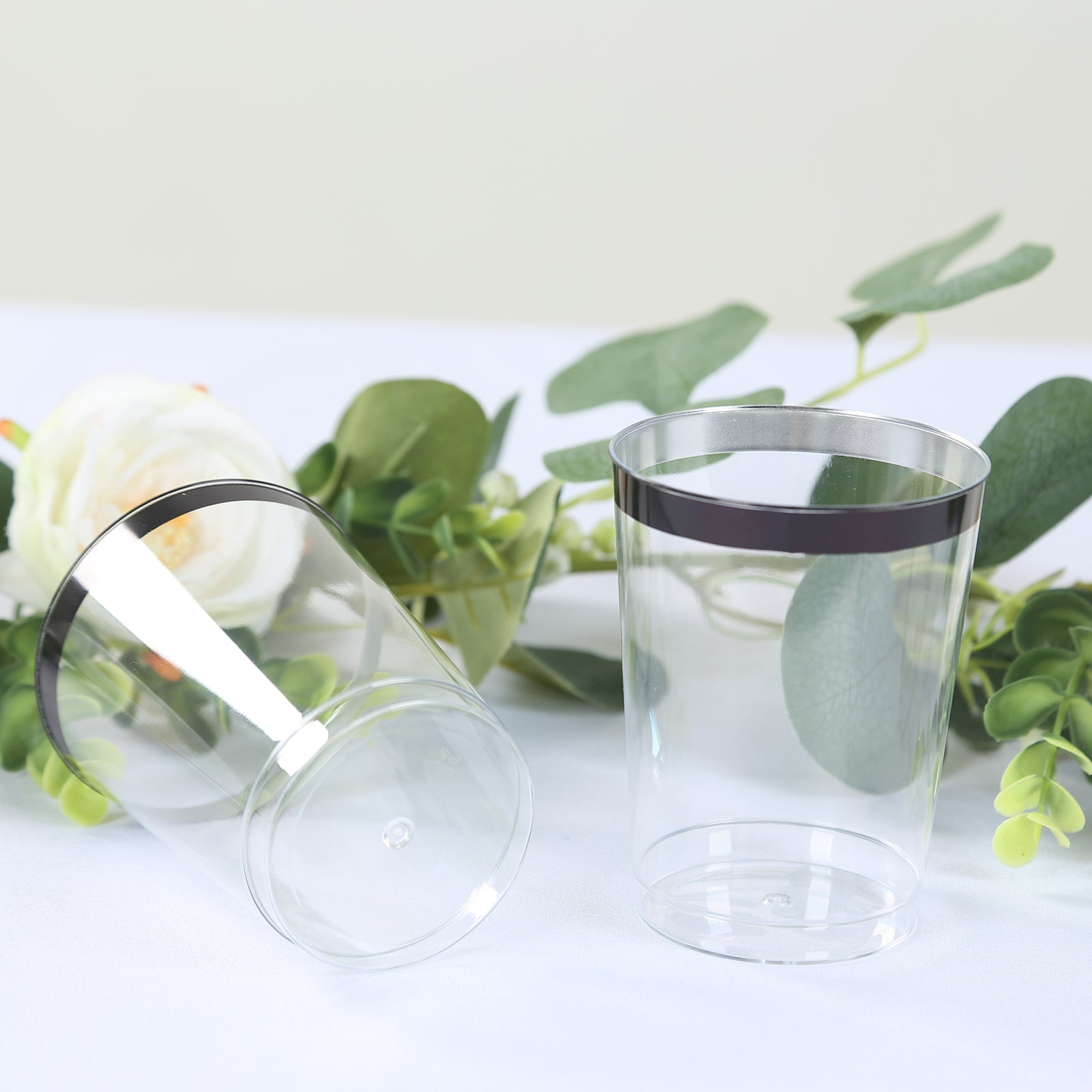 12-Pack Plastic Party Cups Clear with Silver Rim - Durable Disposable Tumblers for Drinks 17oz 5.5