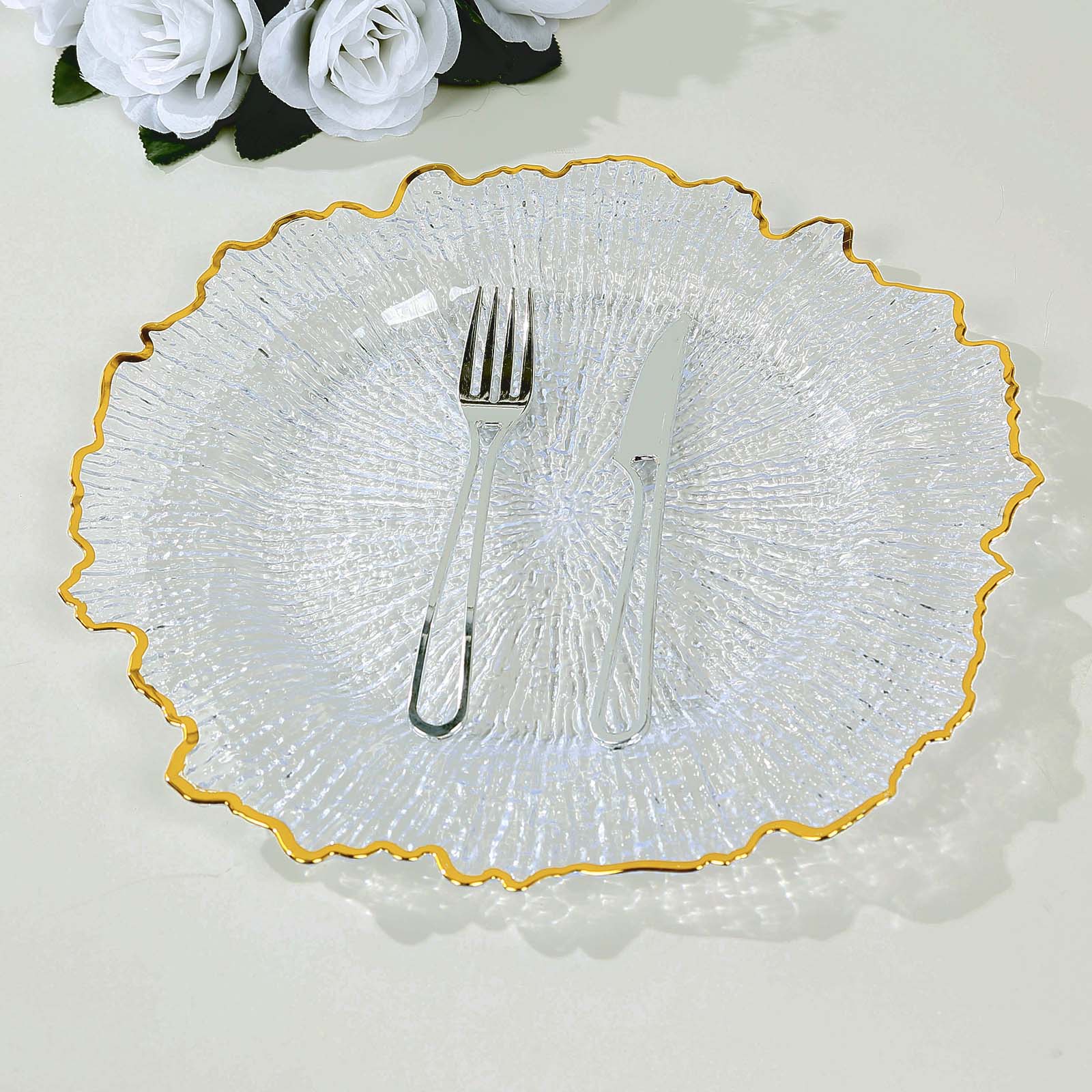 6-Pack Plastic Round Charger Plates 12 in Clear Reef Design with Gold Rim, Decorative Dinner Party Serving Plates