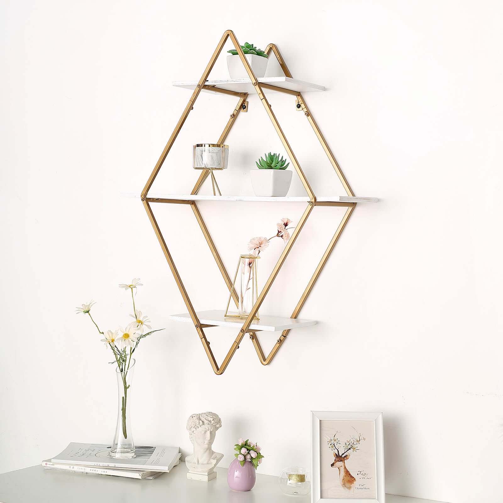 31 Geometric Diamond Shaped 3-Tier Gold Metal Dessert Cupcake Stand Rack, Wall Hanging Display Shelf Display, Book Shelf With White Wood Panels