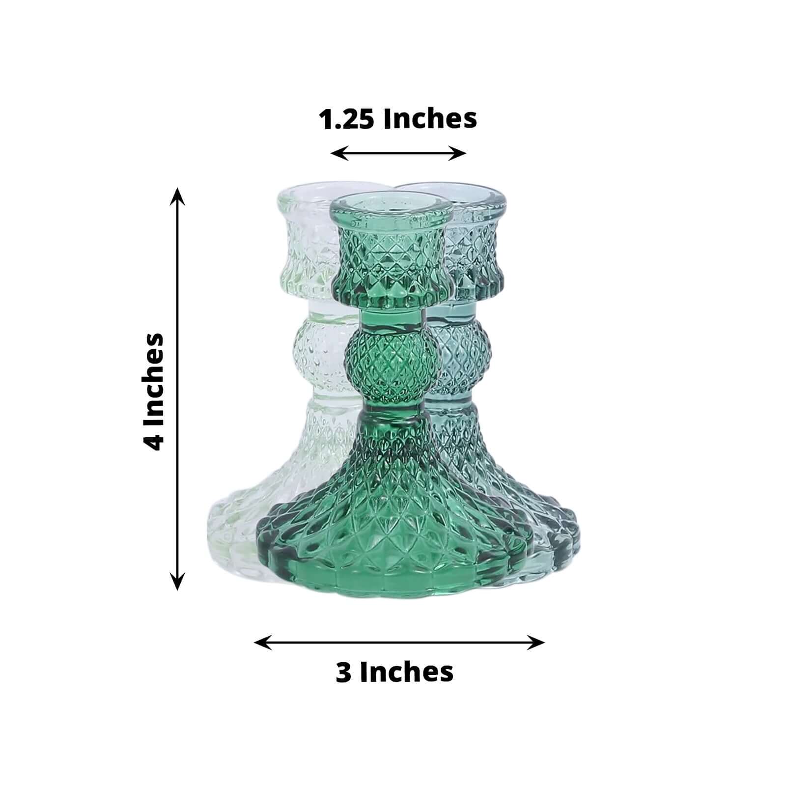 6-Pack Glass Taper Candlestick Holders Diamond Pattern Design Assorted Green - Reversible Crystal Pillar Votive Stands 4