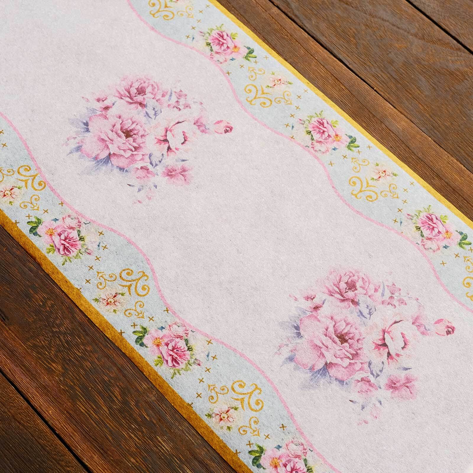 Disposable Table Runner 11x108 White with Pink Peony Floral Print - Non-woven Stylish Spring Summer Dining Decor