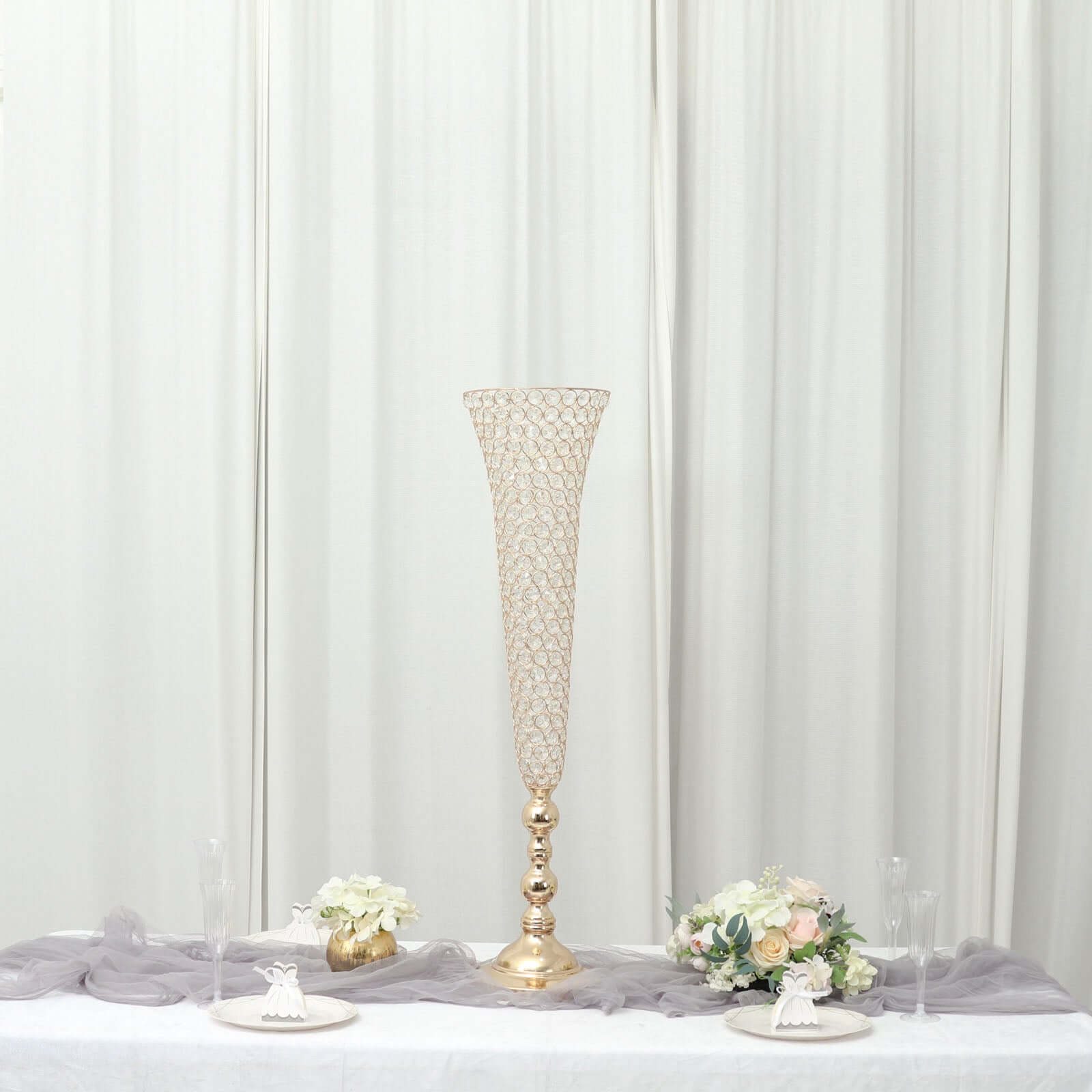 2-Pack Crystal Beaded Trumpet Vase Set Gold - Table Centerpiece for Grand Occasions 40