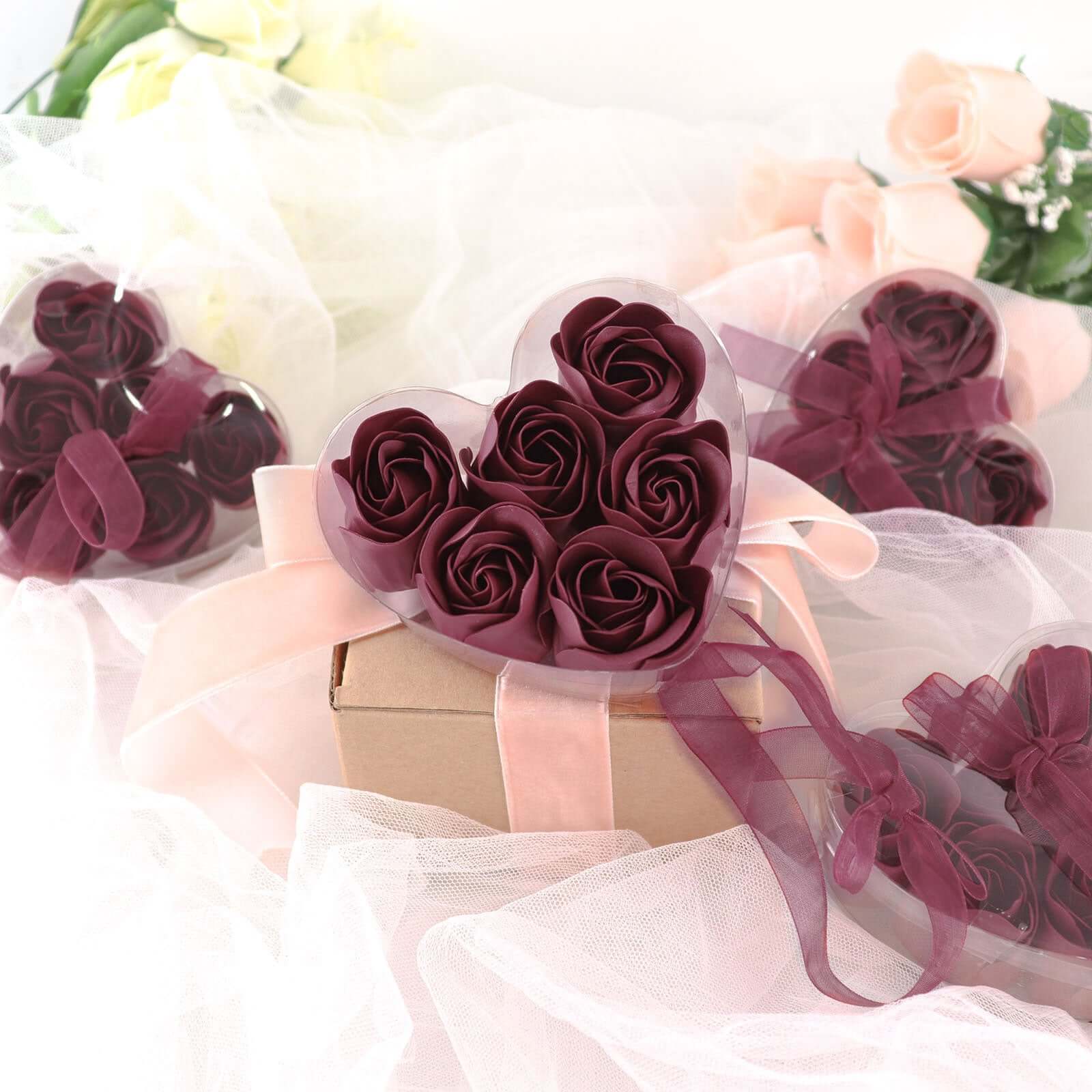 4 Pack 24 Pcs Burgundy Scented Rose Soap Heart Shaped Party Favors With Gift Boxes And Ribbon