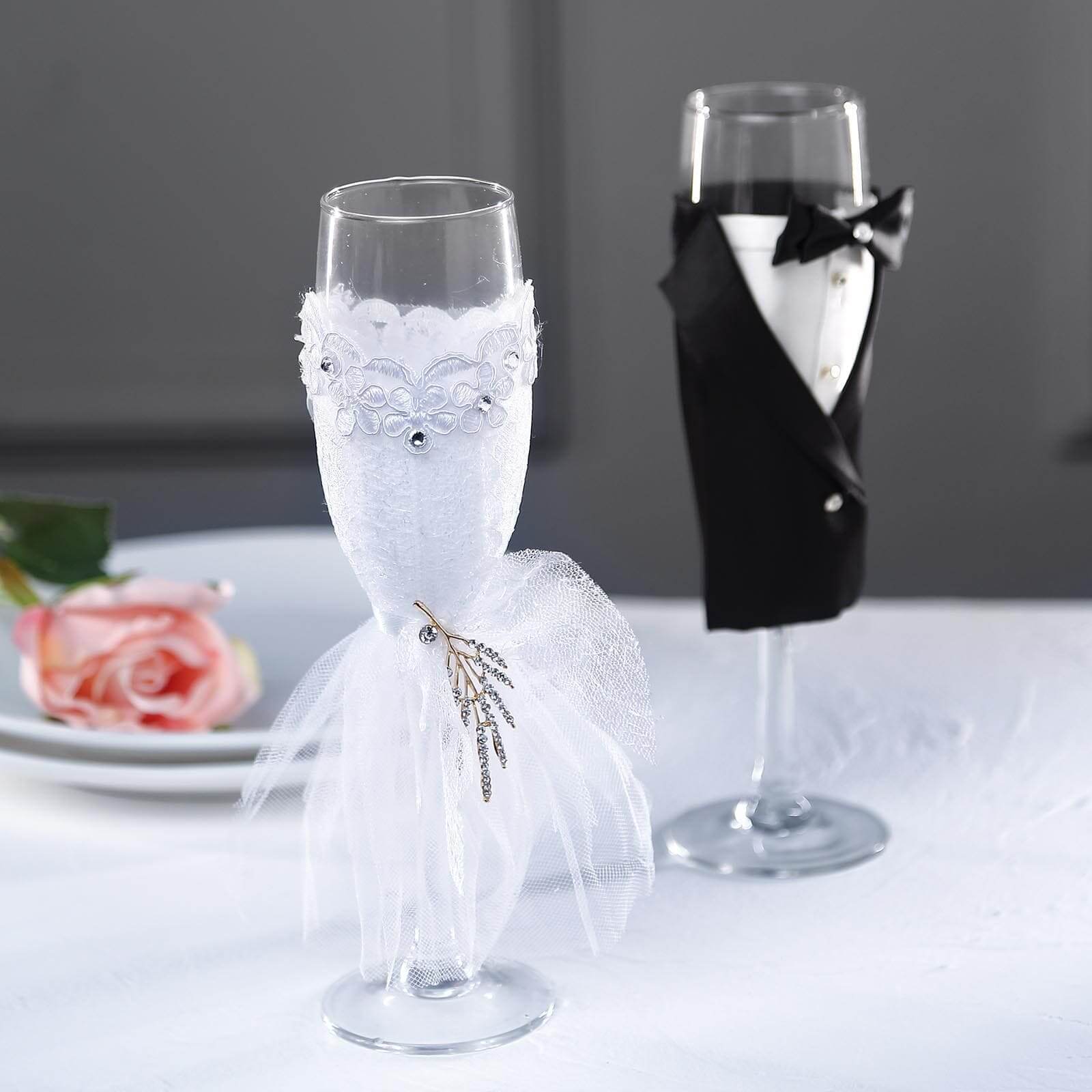 Set of 2 Clear Champagne Flutes with Black Bride and Groom Koozies - Wedding Toast Glasses 9