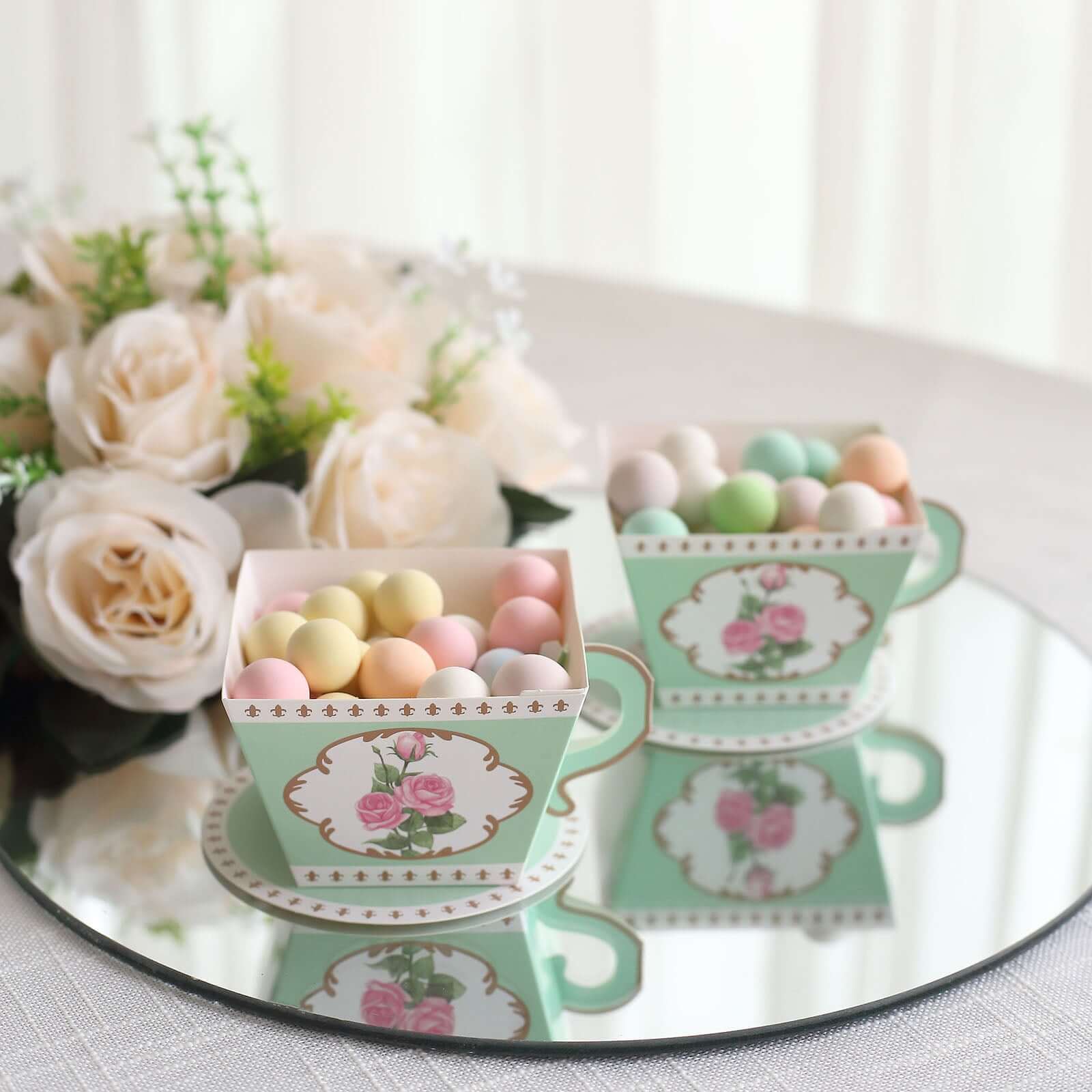 25 Pack Turquoise Mini Teacup and Saucer Party Favor Boxes with Rose Floral Print, Tea Time Candy Boxes - 4x3