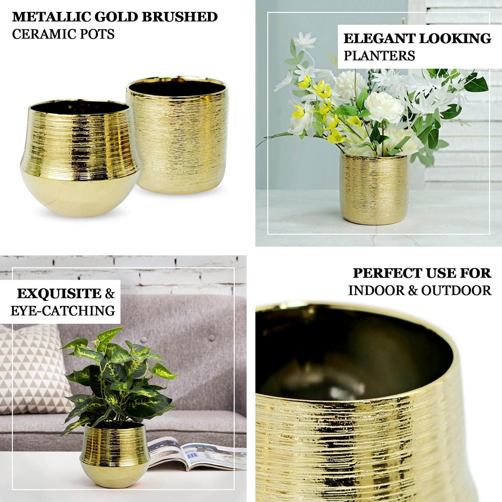 2-Pack Flower Plant Pots Textured Round Design Metallic Gold - Ceramic Cylindrical Indoor Planters 5