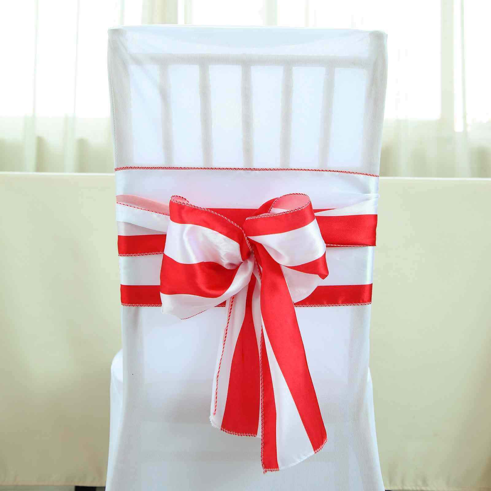 5 Pack Satin 6x108 Chair Sashes Red/White Stripes - Sophisticated Decor for Weddings & Gatherings