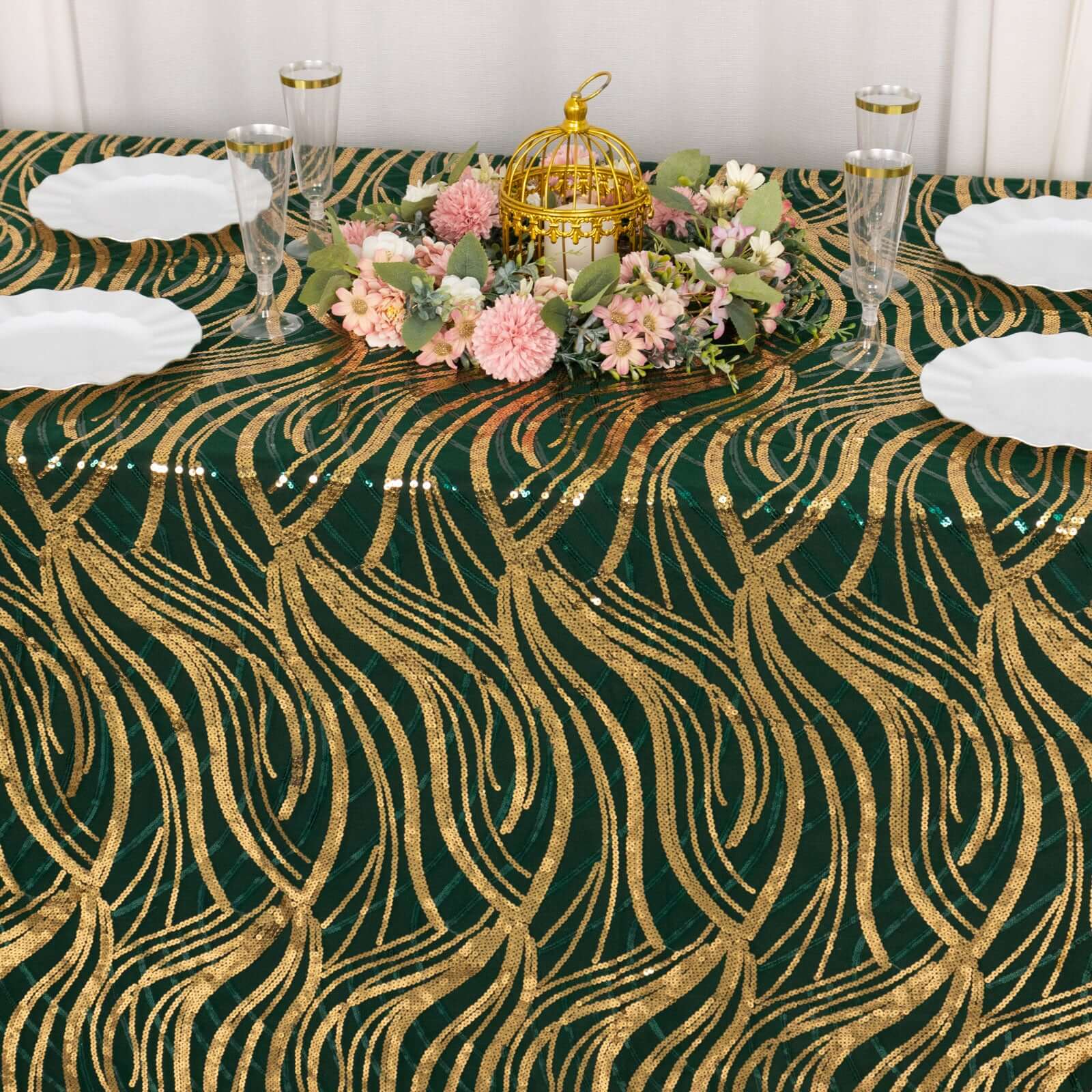 Mesh 90x156 Rectangle Tablecloth Hunter Emerald Green/Gold - Wave Sequin Embroidered Table Cover