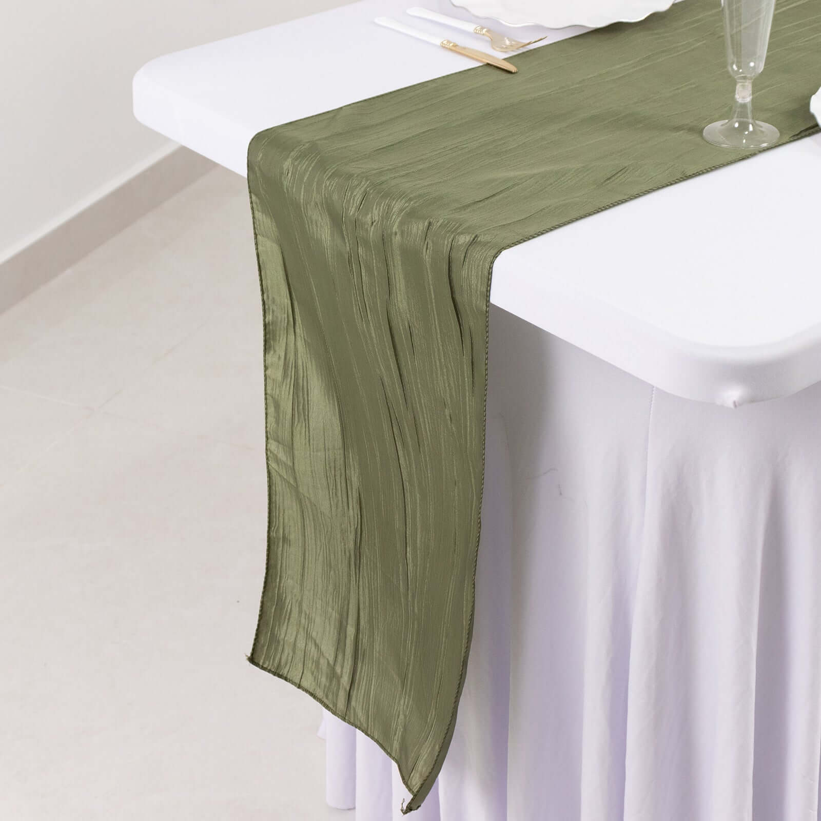 Taffeta 12x108 Table Runner Dusty Sage Green - Accordion Crinkle Design