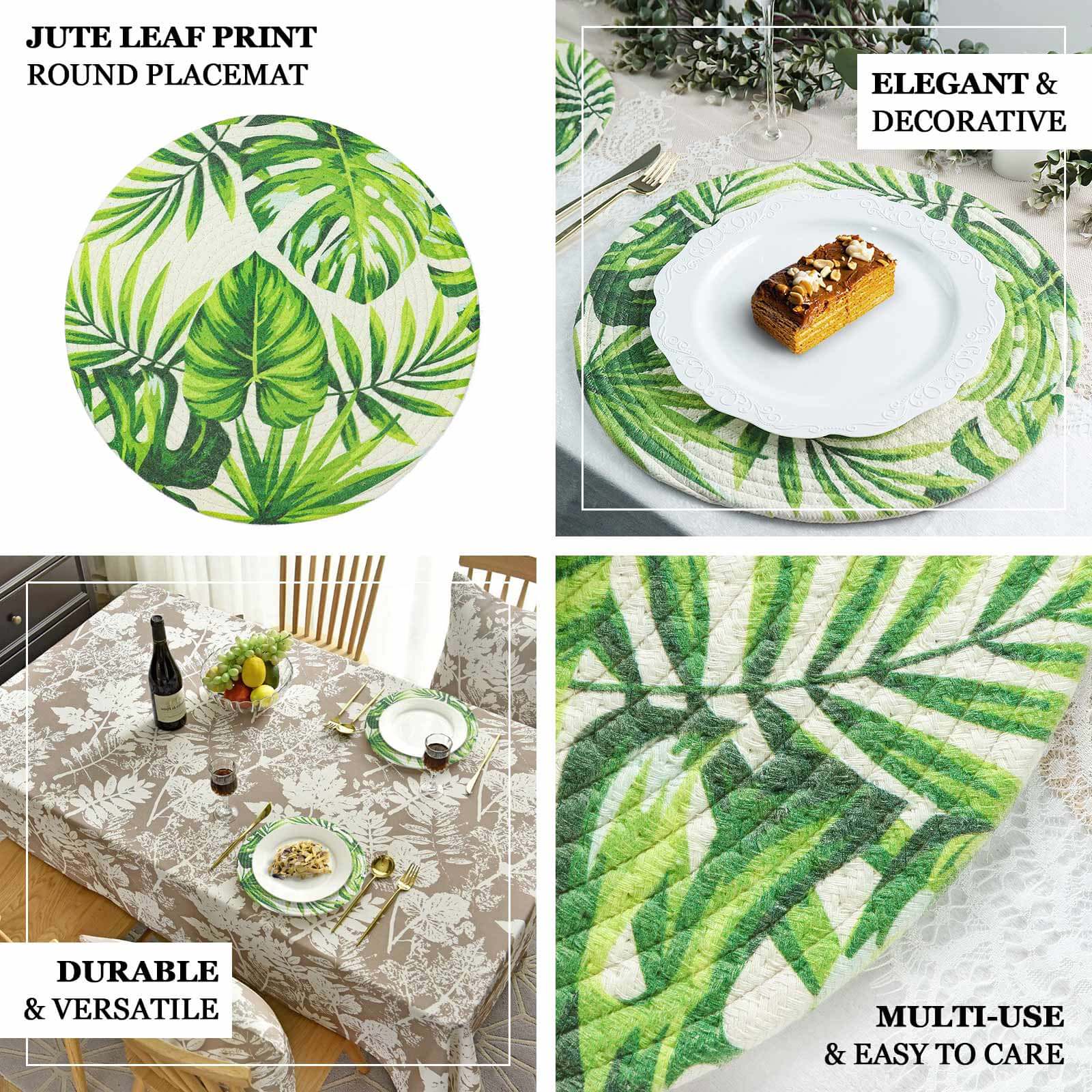 4-Pack Table Placemats Tropical Leaf Design Green Cotton Round - Woven Indoor/Outdoor Dining Mats 15