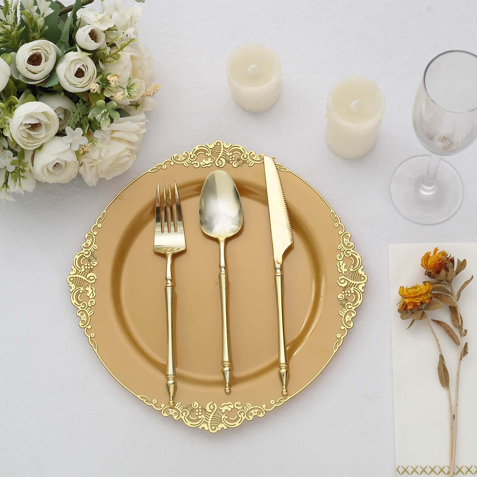 10-Pack Plastic 10 Round Dinner Plates in Gold with Leaf Embossed Rim - Disposable Vintage Baroque Style Plates for Luxurious Gatherings & Events