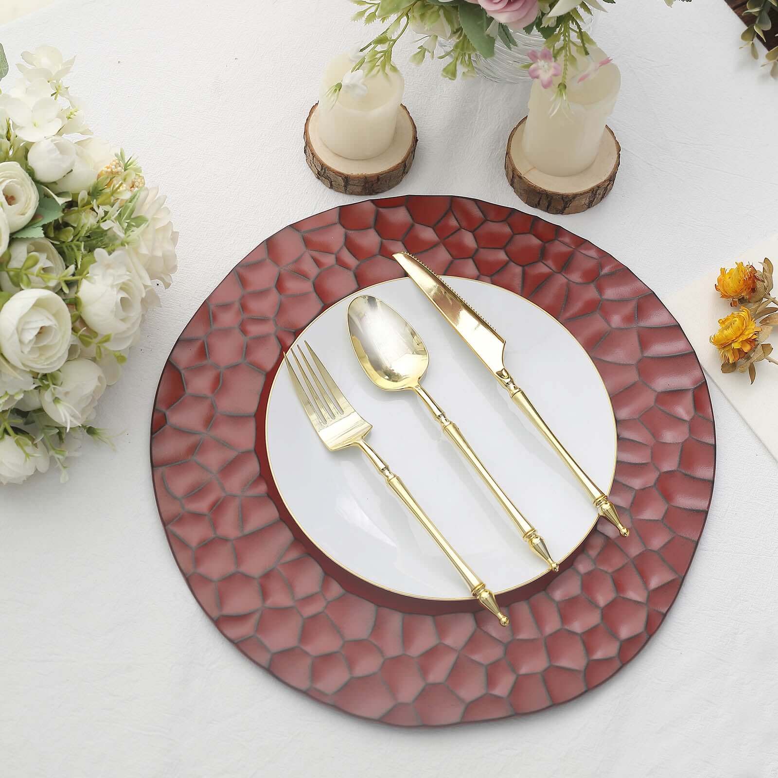 6-Pack Round Charger Plates 13 in Burgundy with Hammered Rim, Matte Finish Modern Dinner Charger Tableware