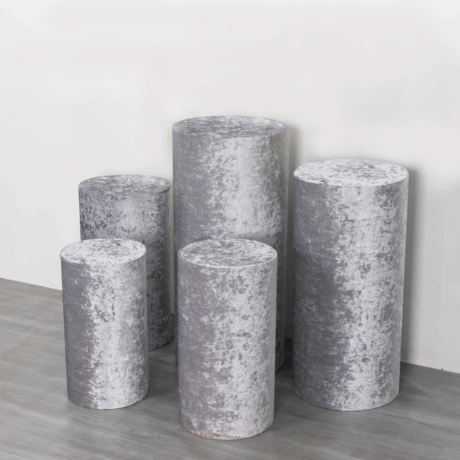 Set of 5 Silver Crushed Velvet Cylinder Pedestal Stand Covers, Premium Pillar Prop Covers