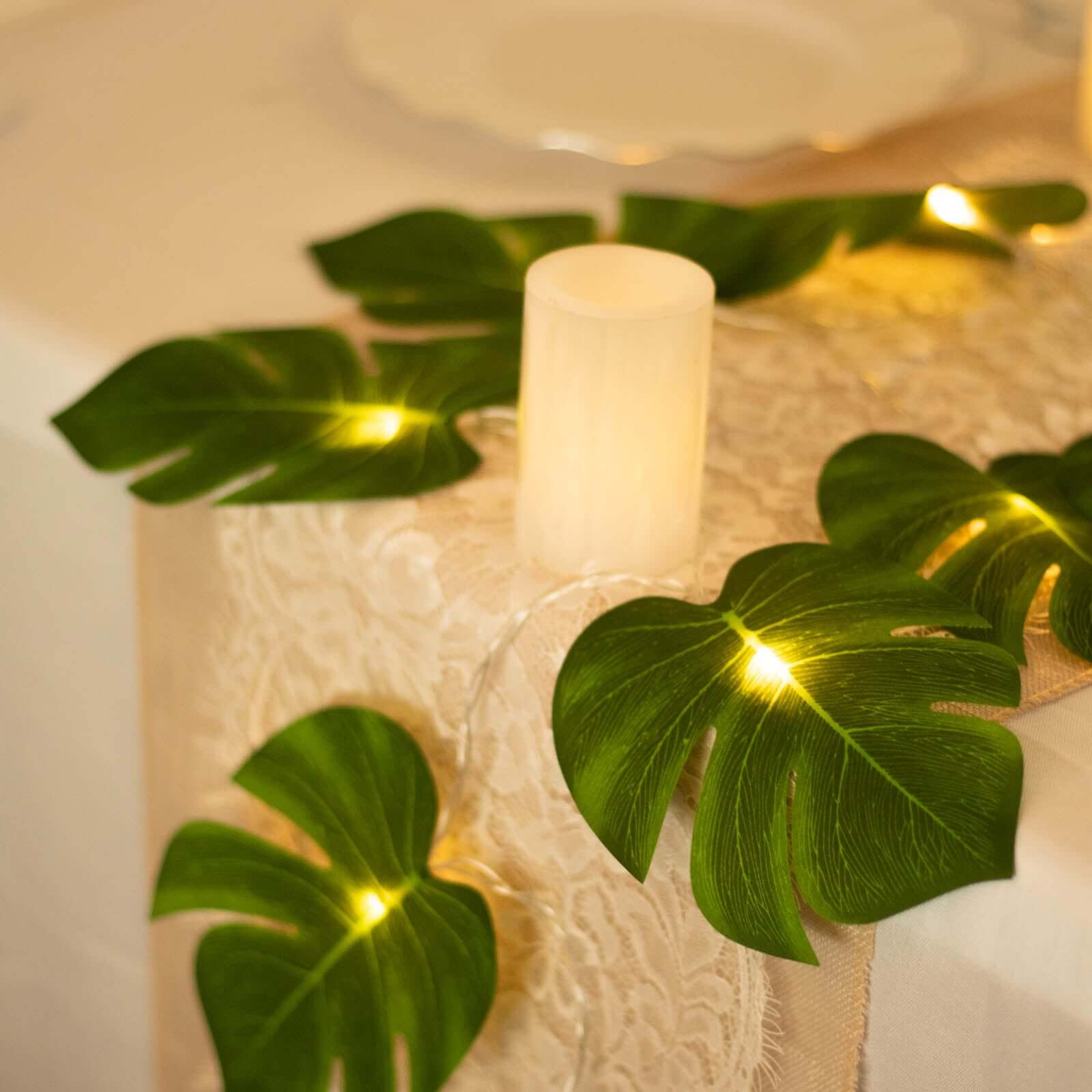 10ft Warm White LED Artificial Tropical Palm Leaf Vine String Lights, Wall Hanging Monstera Leaves Garland