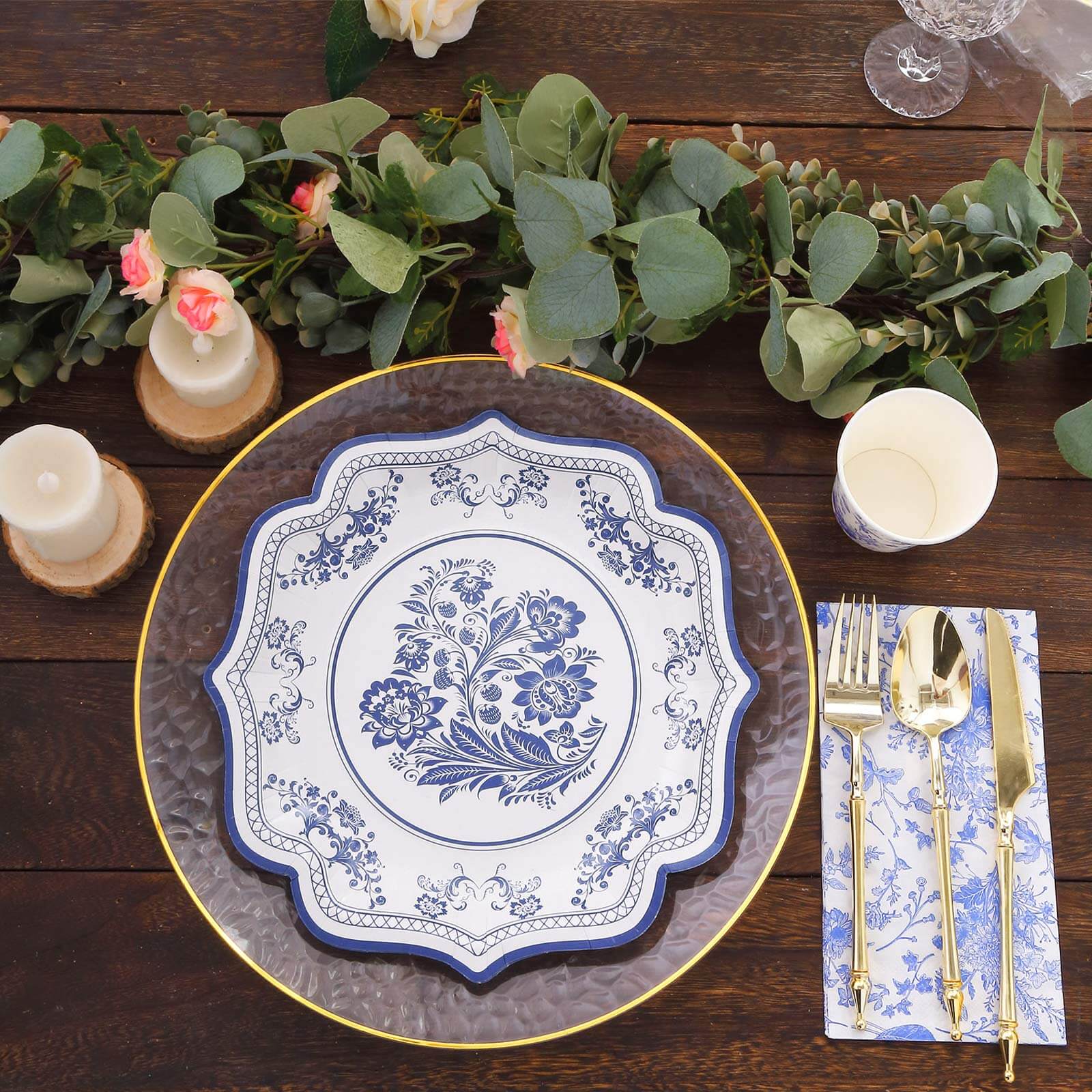 25-Pack Paper Dinner Plates in White with Light Blue French Toile Print & Scallop Rim - Stylish Disposable 300GSM Floral Party Plates 10