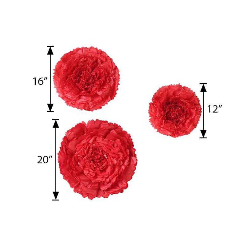 Set of 6 Red Giant Carnation 3D Paper Flowers Wall Decor - 12,16,20