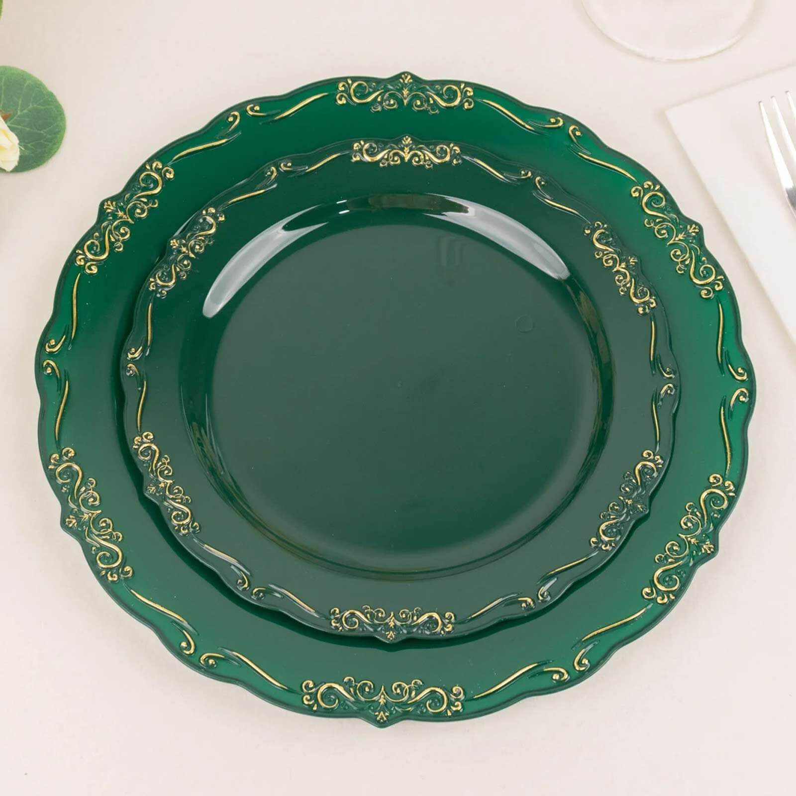 10-Pack Plastic 7 Round Dessert Plates in Hunter Emerald Green with Gold Vintage Embossed Rim - Sturdy Disposable Scalloped Edge Salad Plates