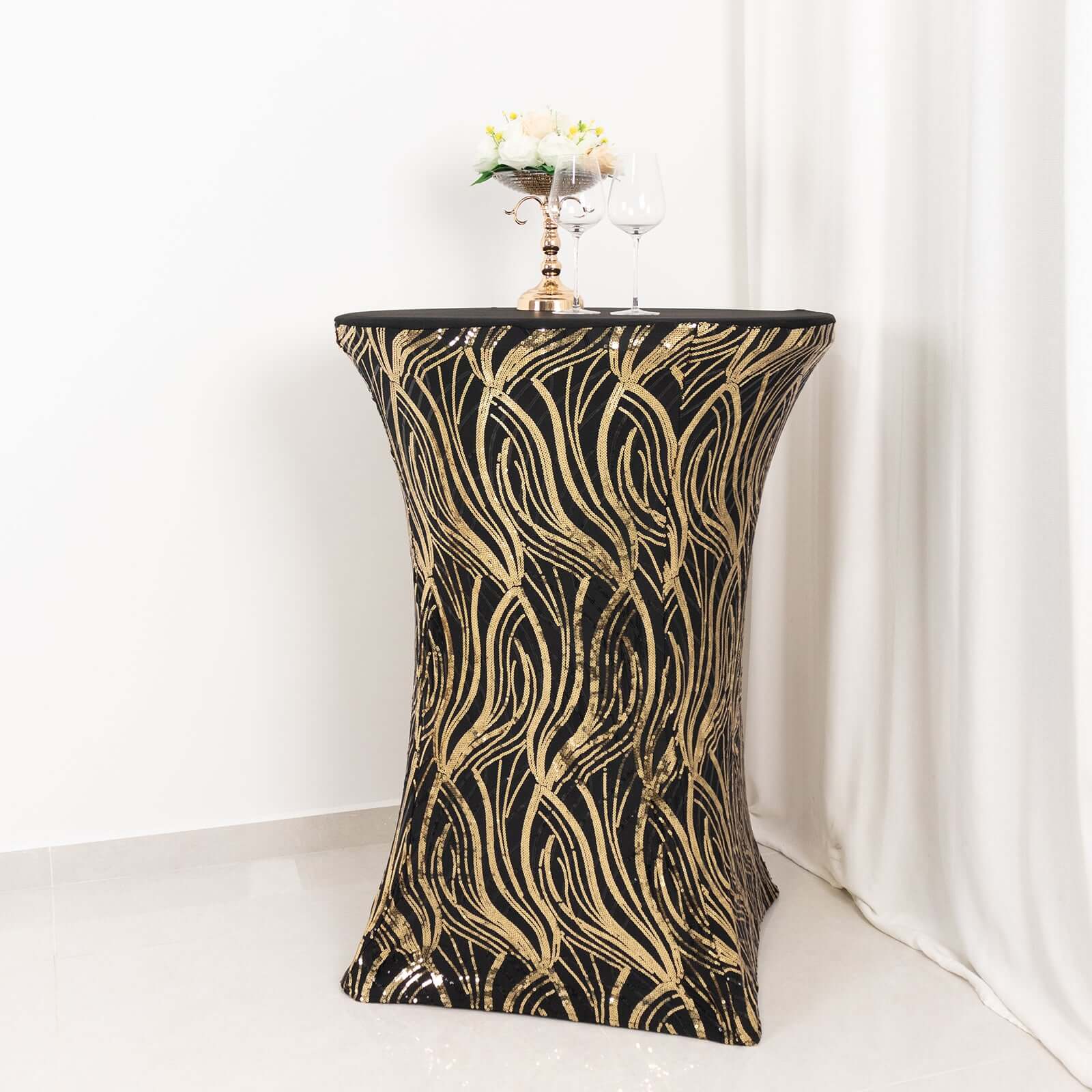 Spandex 32 Round Cocktail Table Cover Black/Gold with Wave Embroidered Sequins - Glamorous Design for Upscale Events